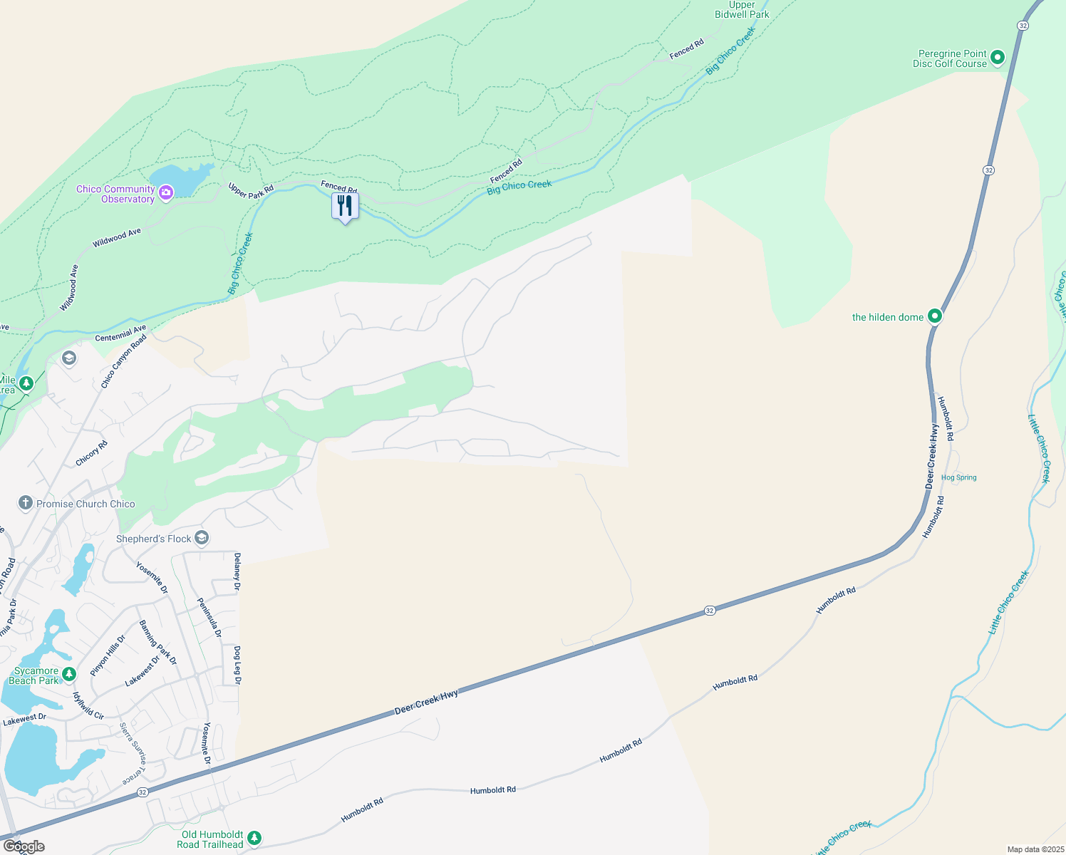 map of restaurants, bars, coffee shops, grocery stores, and more near 3467 Shallow Springs Terrace in Chico