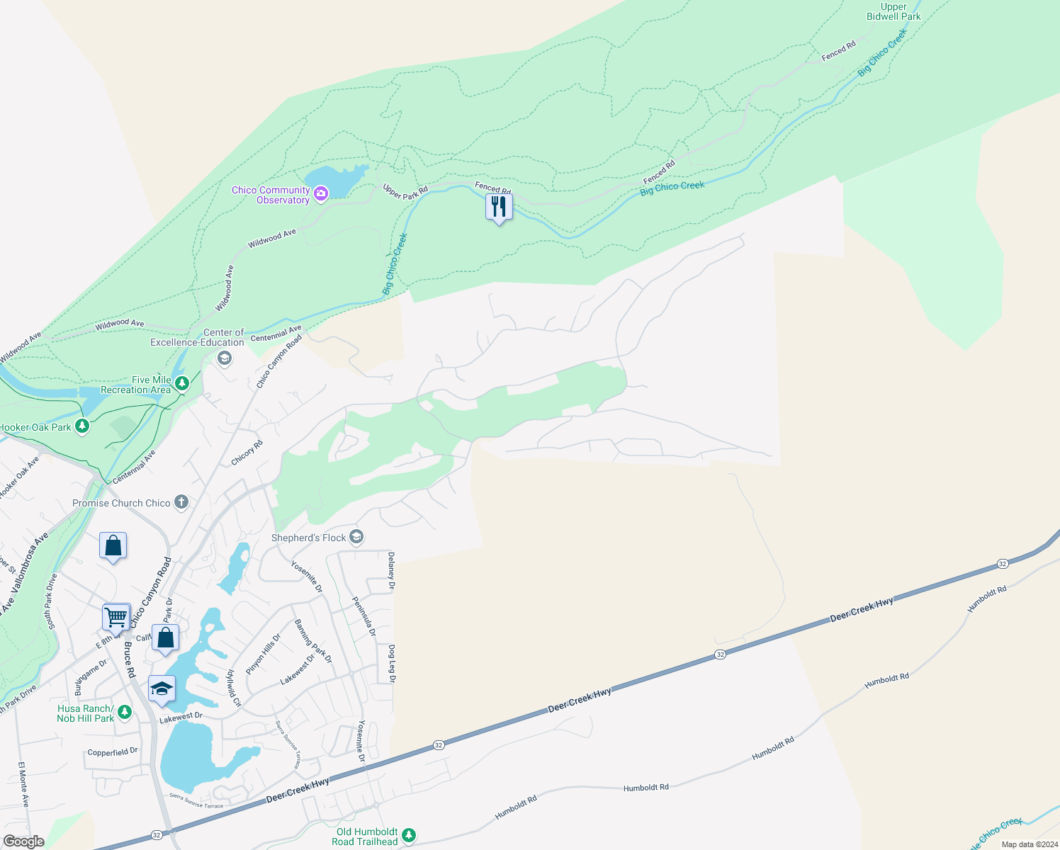 map of restaurants, bars, coffee shops, grocery stores, and more near 3213 Shallow Springs Terrace in Chico