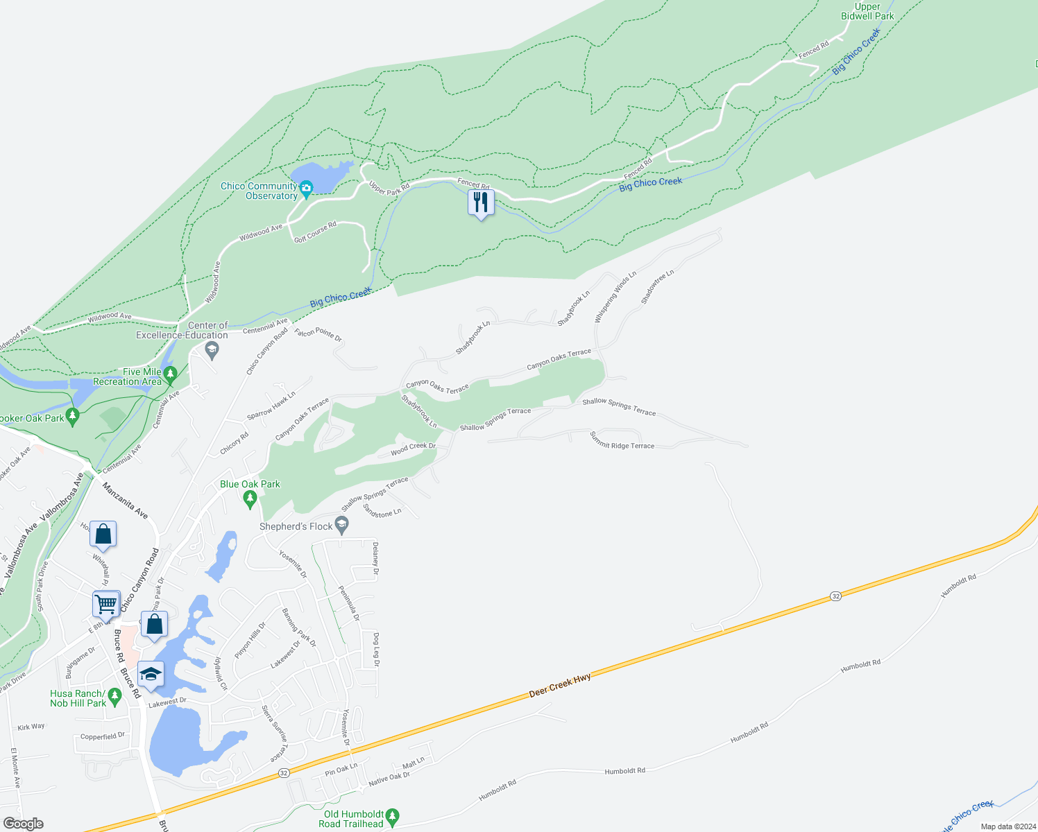 map of restaurants, bars, coffee shops, grocery stores, and more near 3217 Shallow Springs Terrace in Chico
