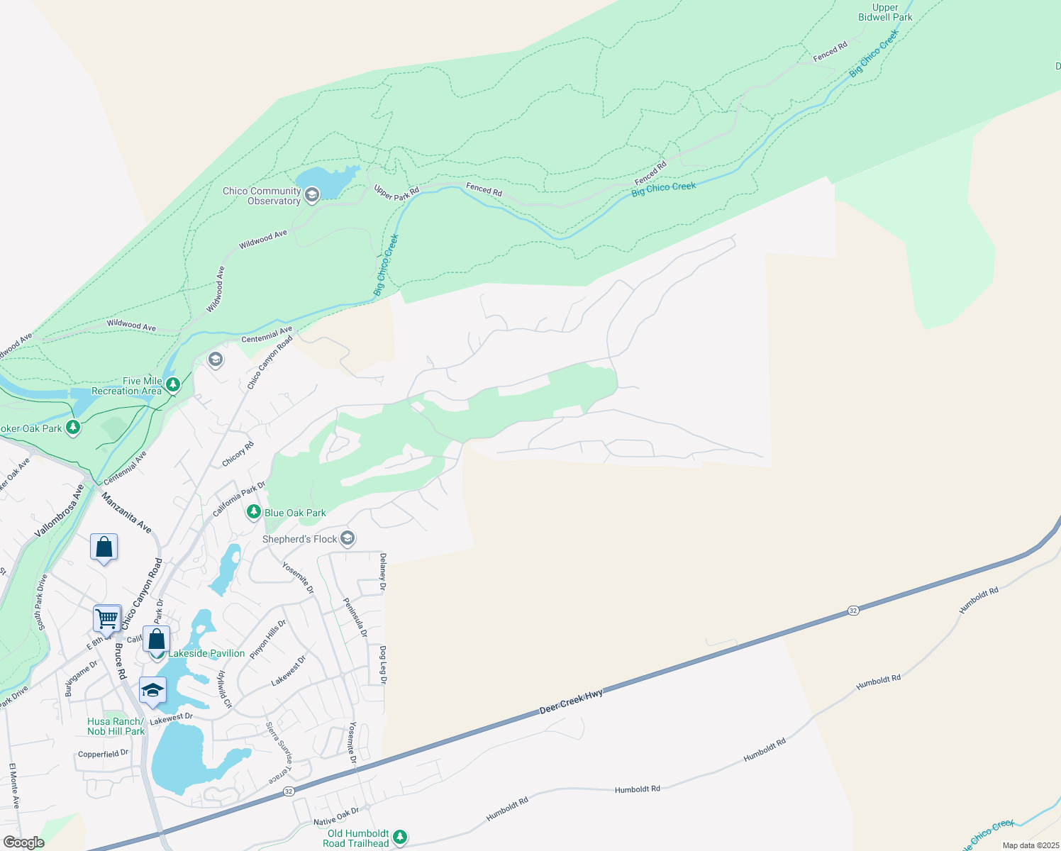 map of restaurants, bars, coffee shops, grocery stores, and more near 3217 Shallow Springs Terrace in Chico