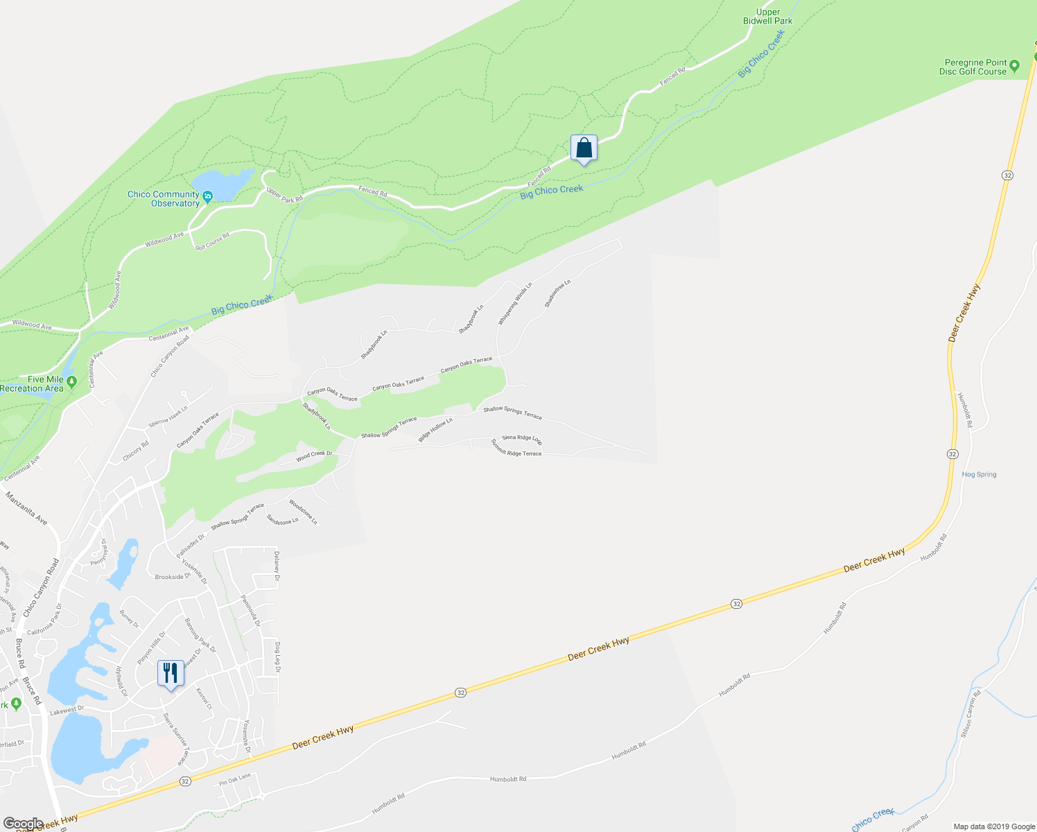 map of restaurants, bars, coffee shops, grocery stores, and more near 3395 Shallow Springs Terrace in Chico