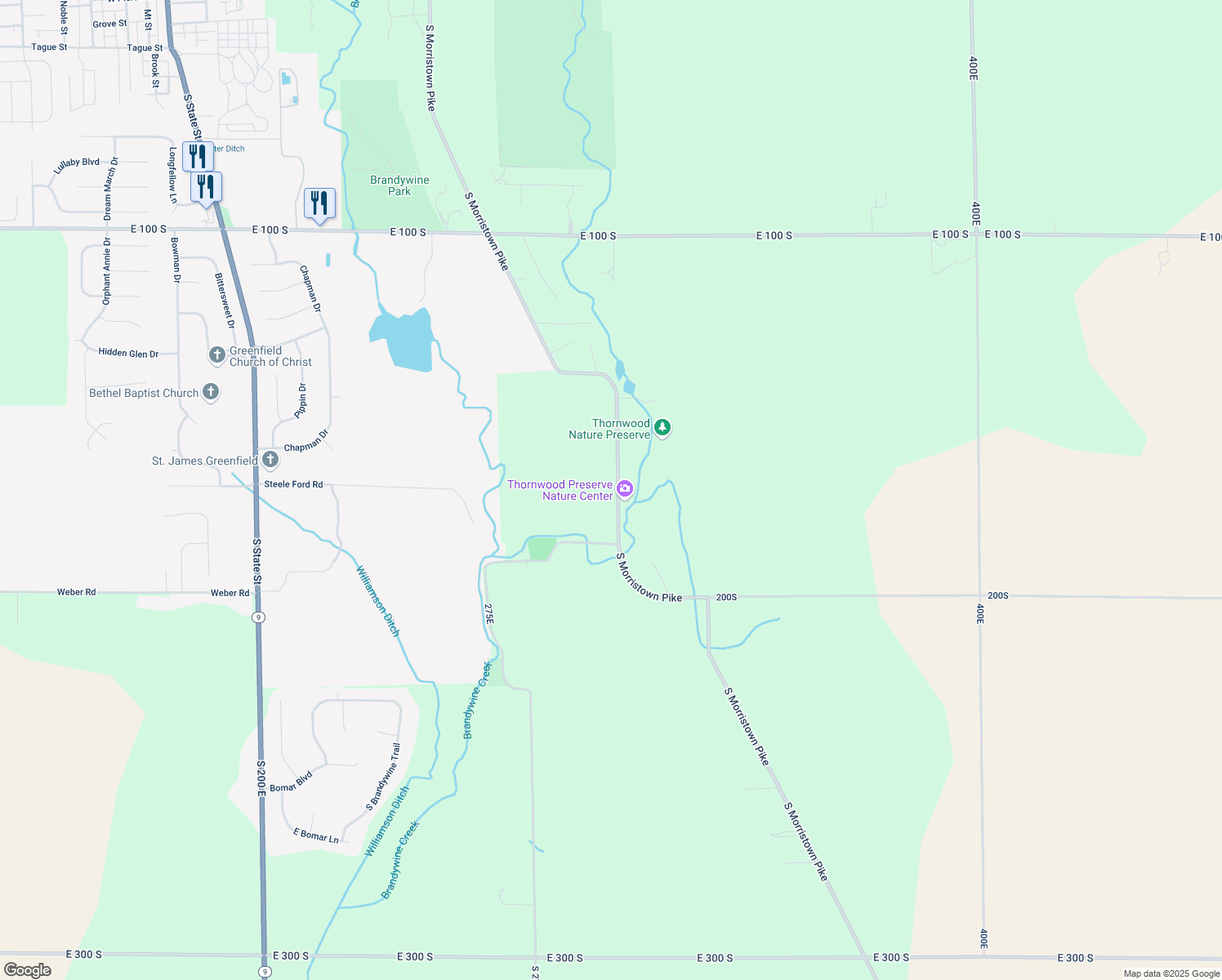 map of restaurants, bars, coffee shops, grocery stores, and more near 1658 South Morristown Pike in Greenfield
