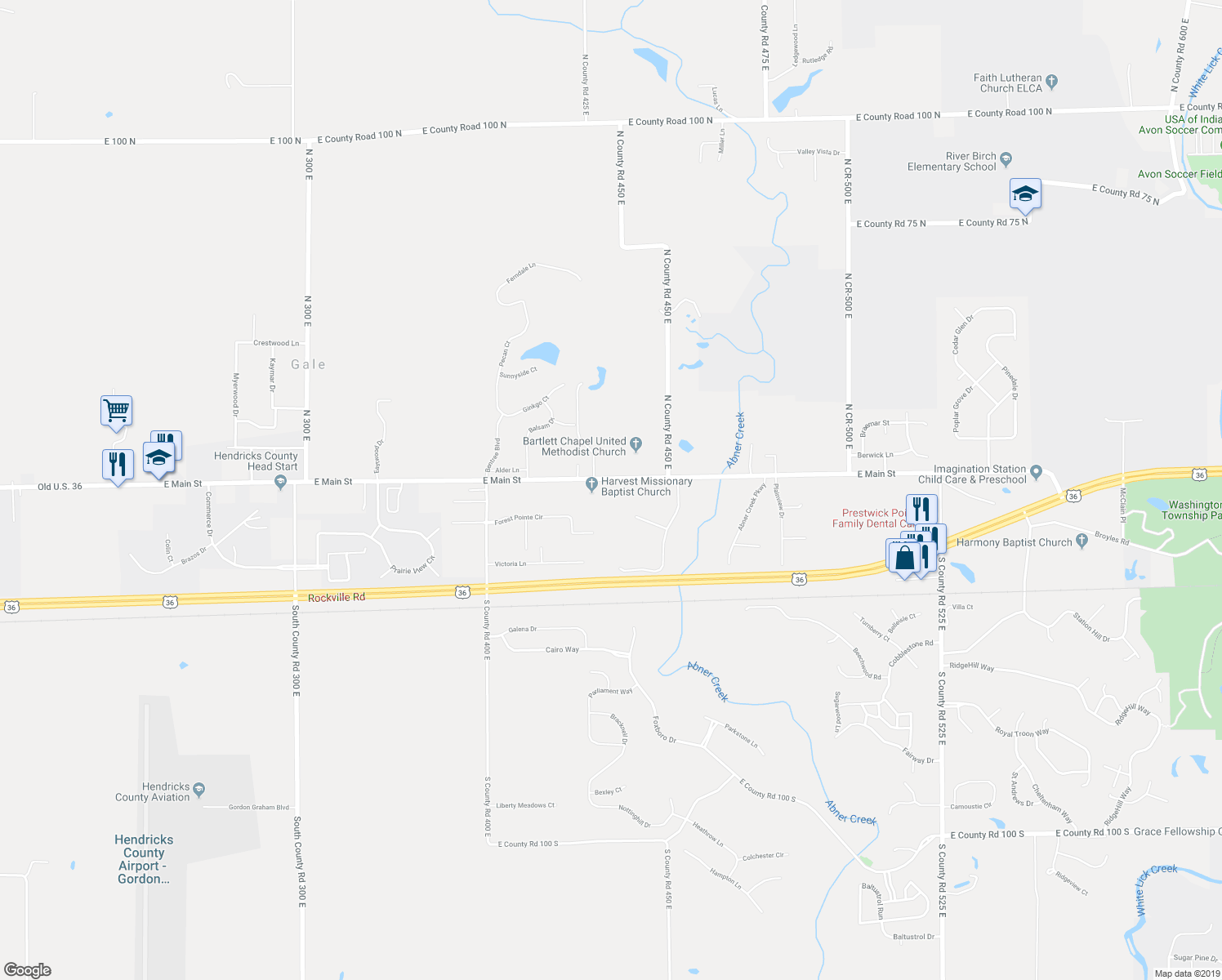 map of restaurants, bars, coffee shops, grocery stores, and more near 4329 East Main Street in Avon