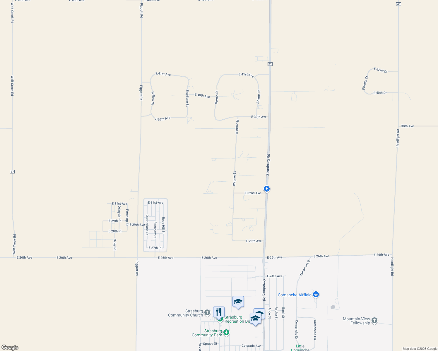 map of restaurants, bars, coffee shops, grocery stores, and more near 56305 East 33rd Court in Strasburg