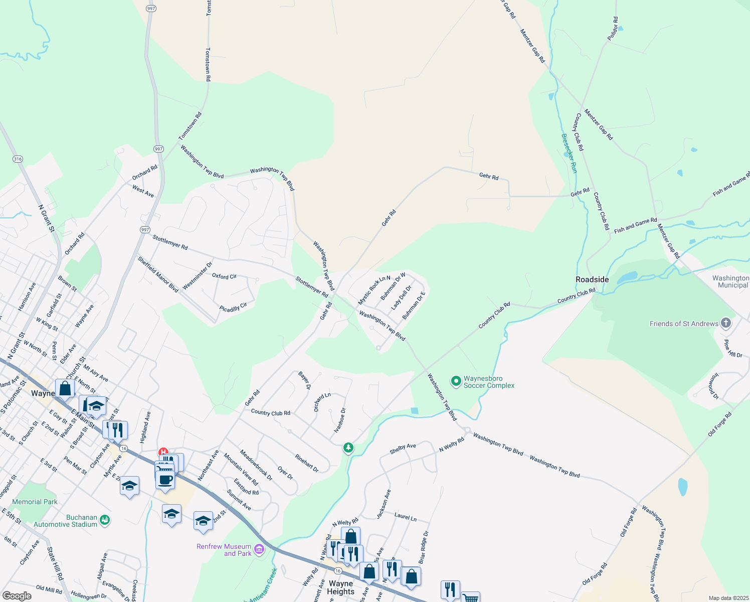 map of restaurants, bars, coffee shops, grocery stores, and more near 11549 Buhrman Drive West in Waynesboro