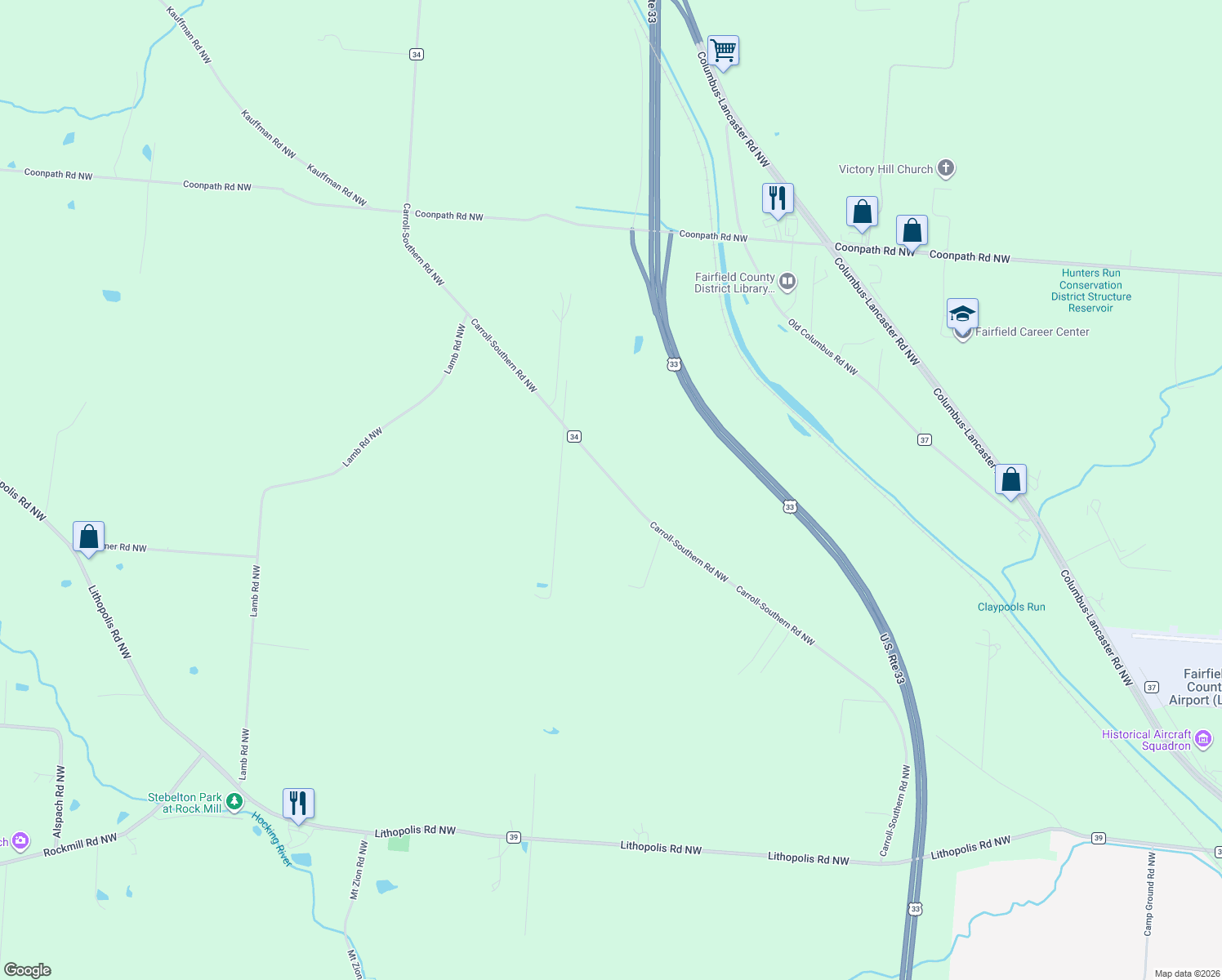 map of restaurants, bars, coffee shops, grocery stores, and more near 2291 Carroll-Southern Road Northwest in Carroll