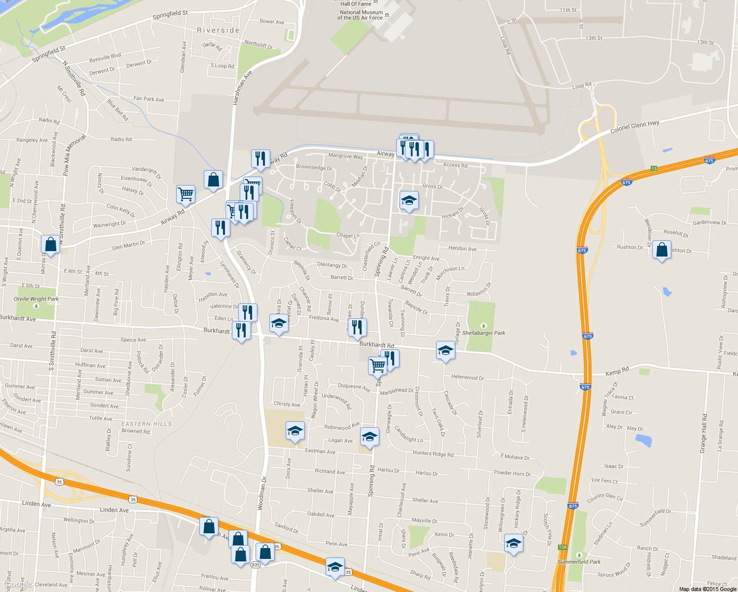 map of restaurants, bars, coffee shops, grocery stores, and more near 5430 Bayside Drive in Dayton