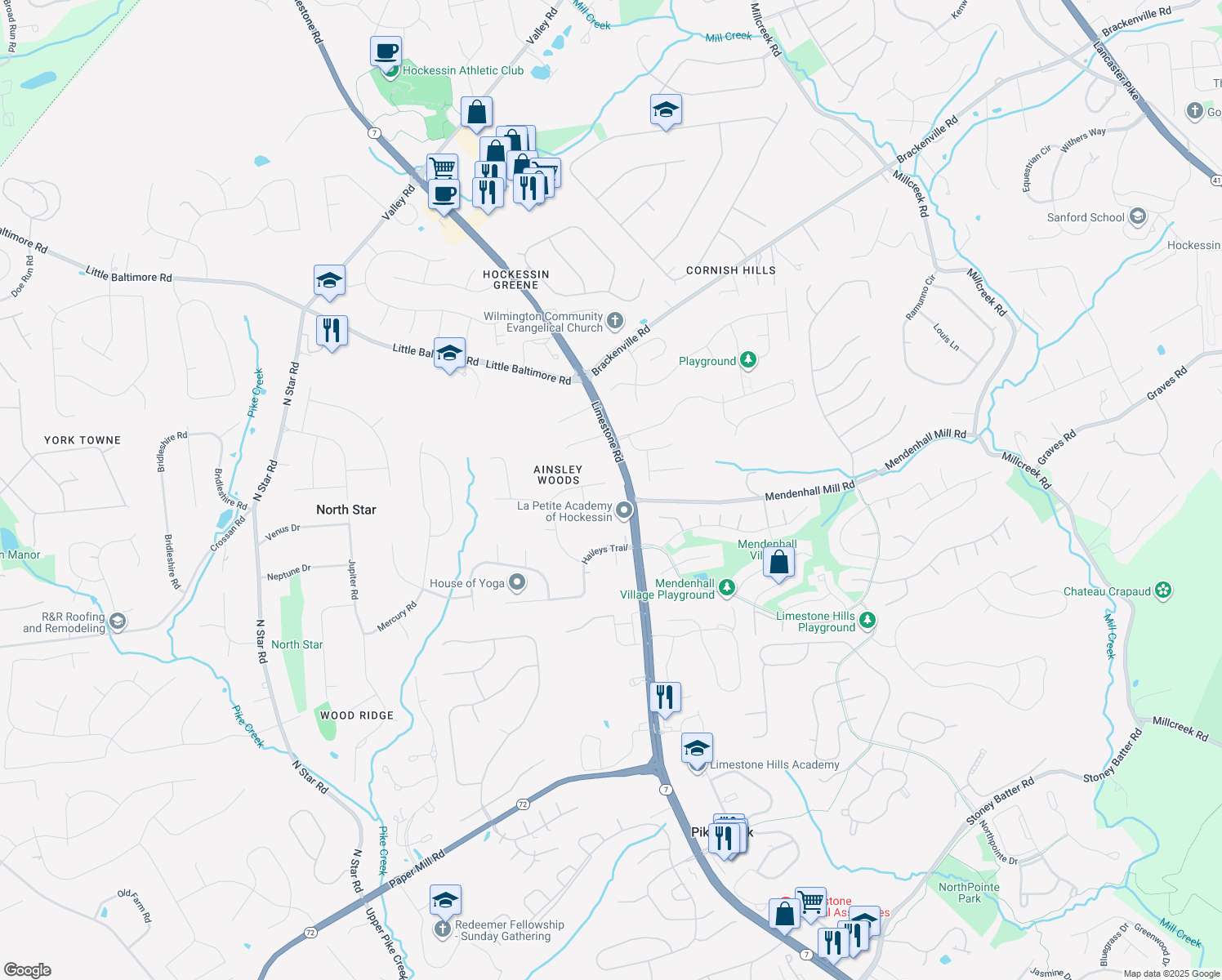 map of restaurants, bars, coffee shops, grocery stores, and more near 17 Anderson Lane in Newark