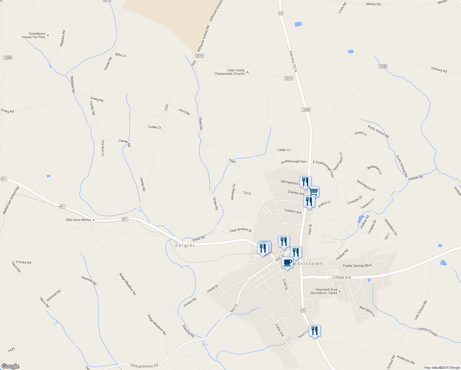 map of restaurants, bars, coffee shops, grocery stores, and more near 125 Hershey Circle in Stewartstown