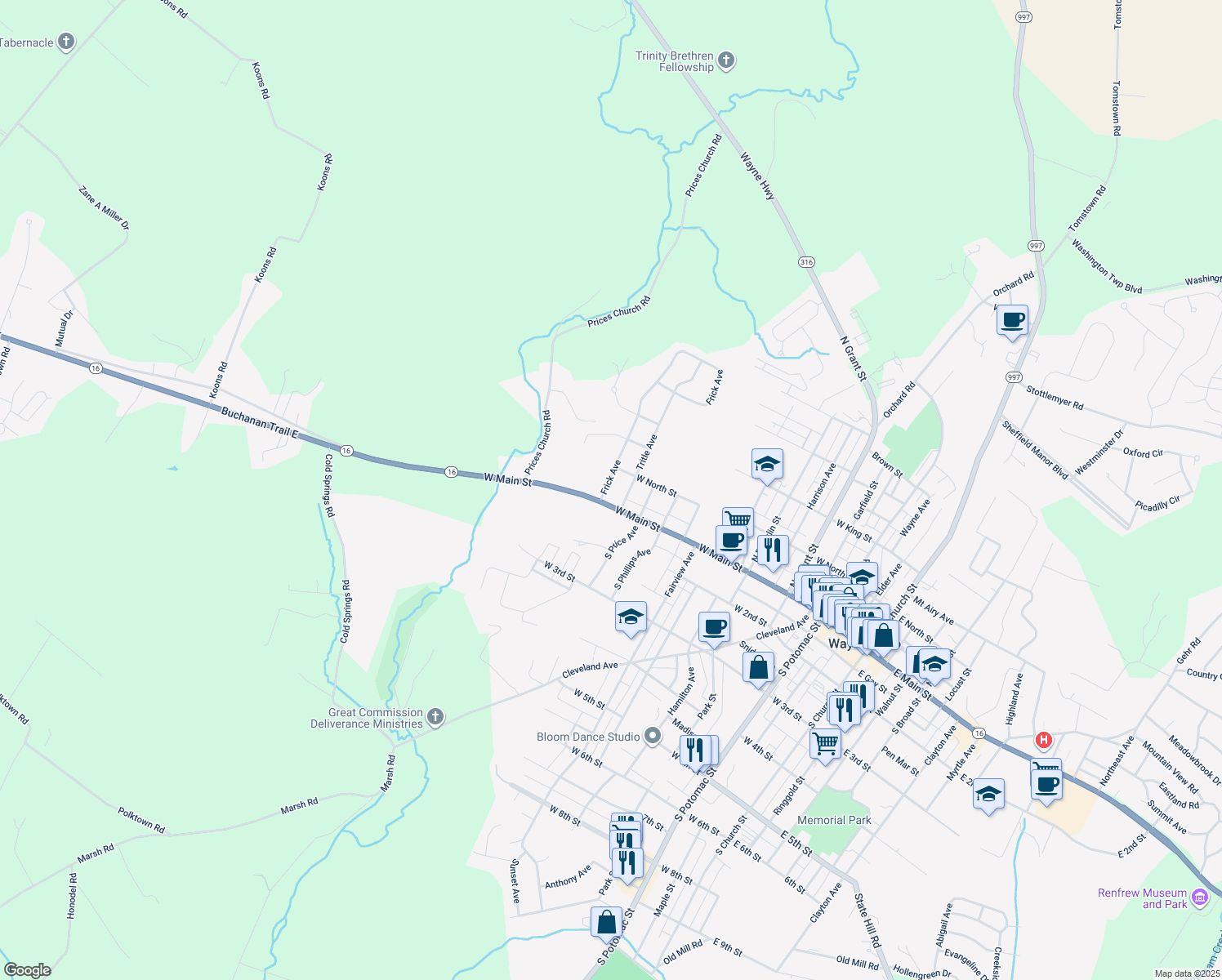 map of restaurants, bars, coffee shops, grocery stores, and more near 5 Frick Avenue in Waynesboro