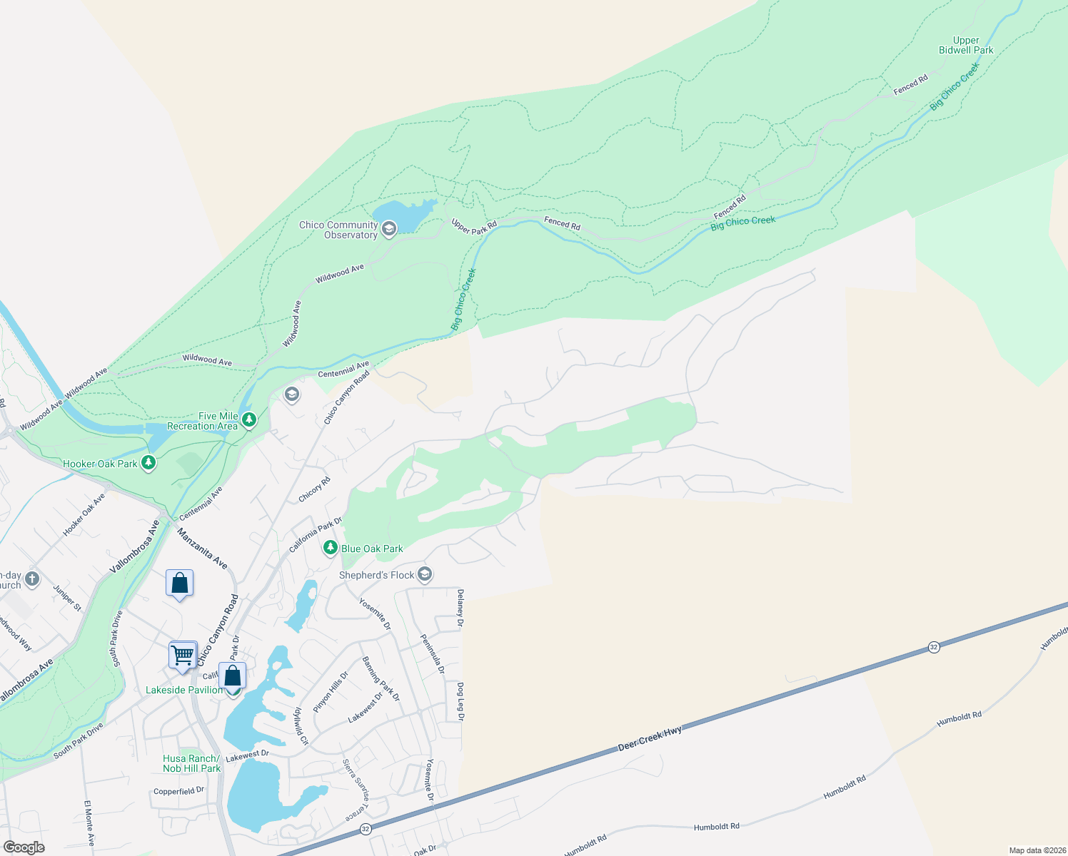 map of restaurants, bars, coffee shops, grocery stores, and more near 3257 Canyon Oaks Terrace in Chico