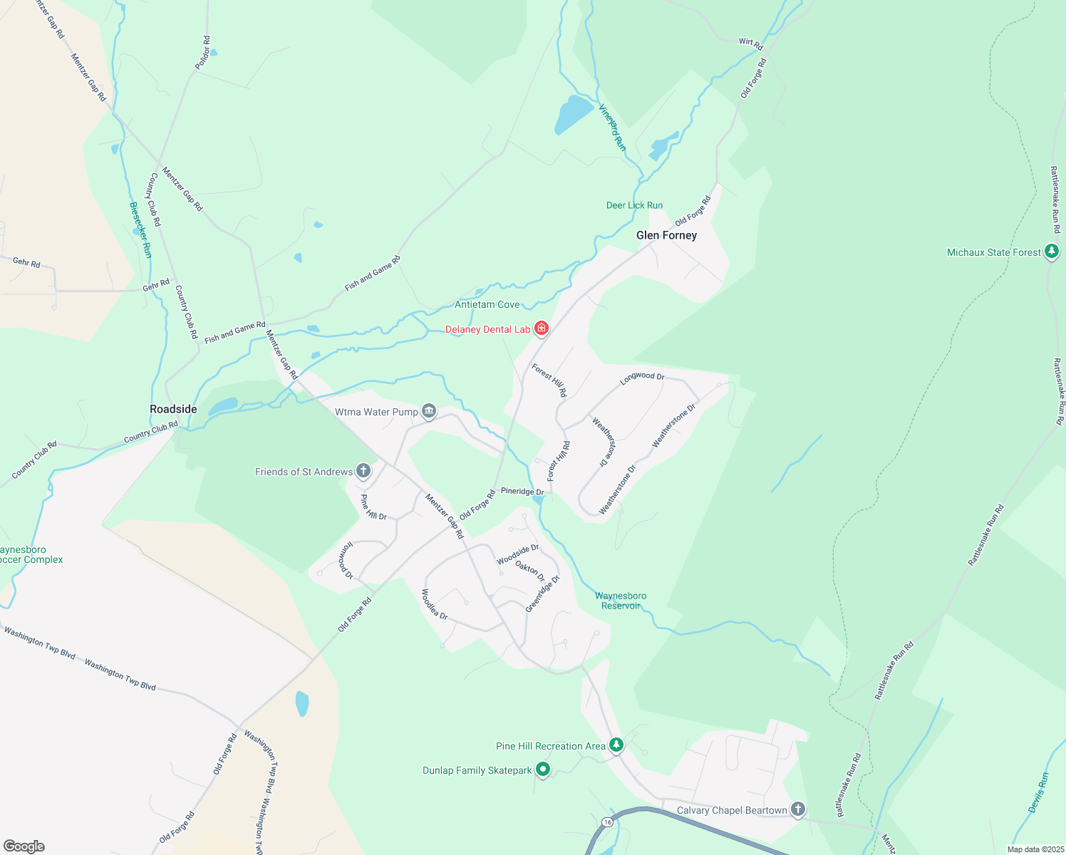 map of restaurants, bars, coffee shops, grocery stores, and more near 11094 Old Forge Road in Waynesboro