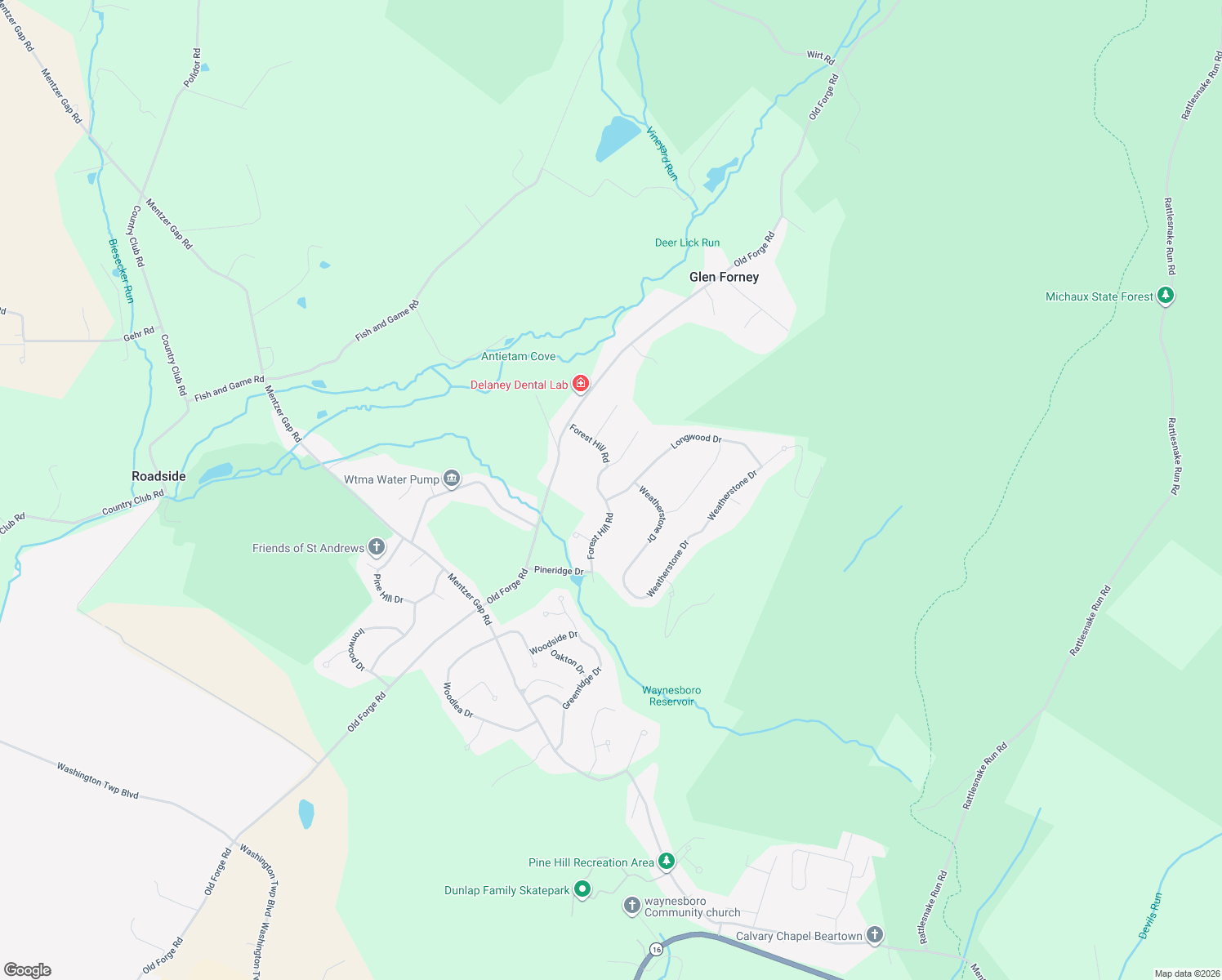 map of restaurants, bars, coffee shops, grocery stores, and more near 12120 Forest Hill Road in Waynesboro