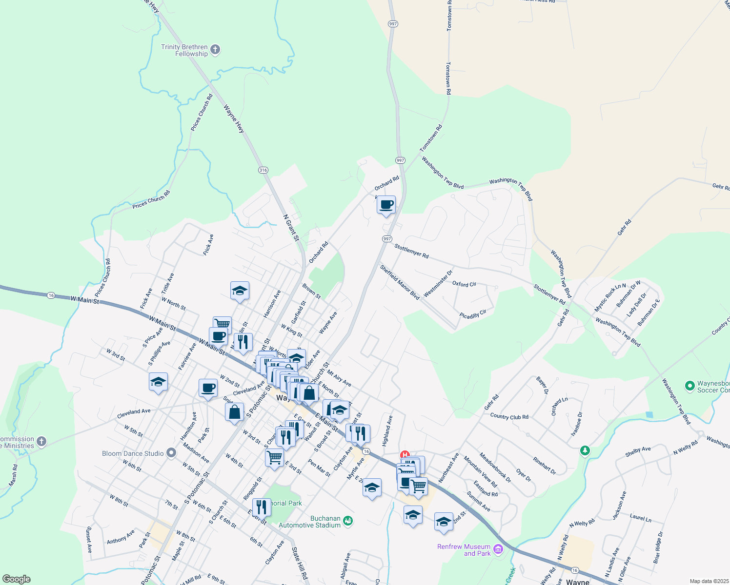 map of restaurants, bars, coffee shops, grocery stores, and more near 11730 Anthony Highway in Waynesboro
