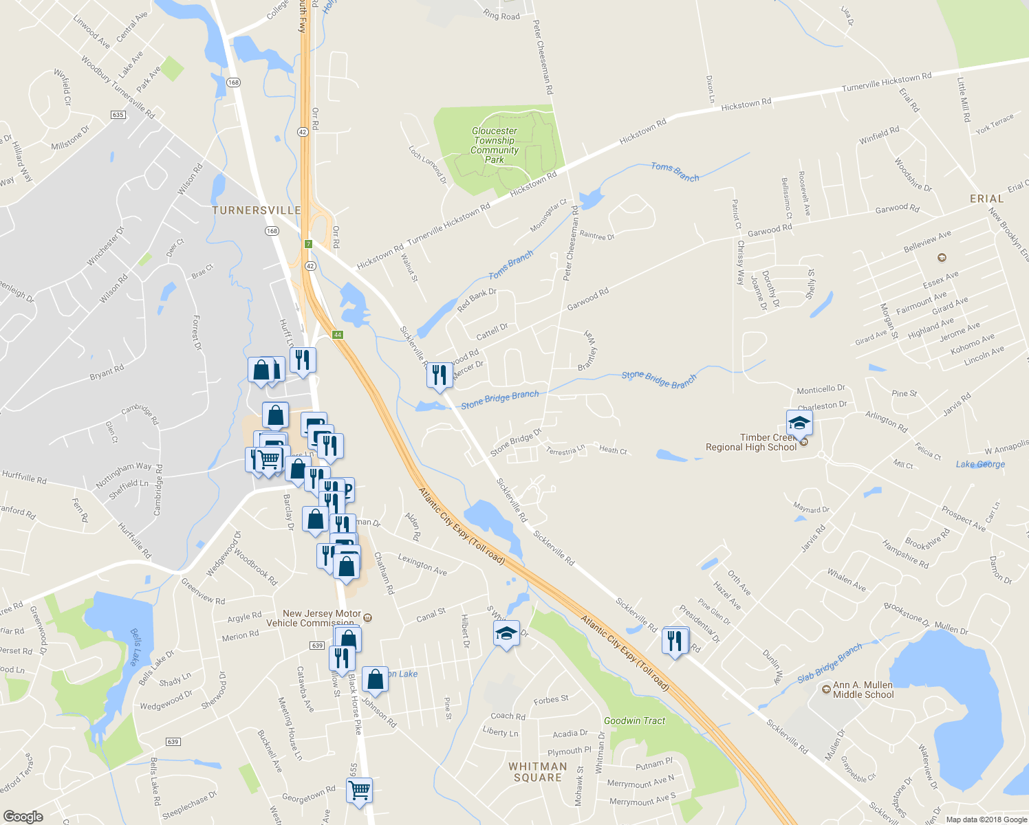 map of restaurants, bars, coffee shops, grocery stores, and more near 208 Keats Court in Sicklerville
