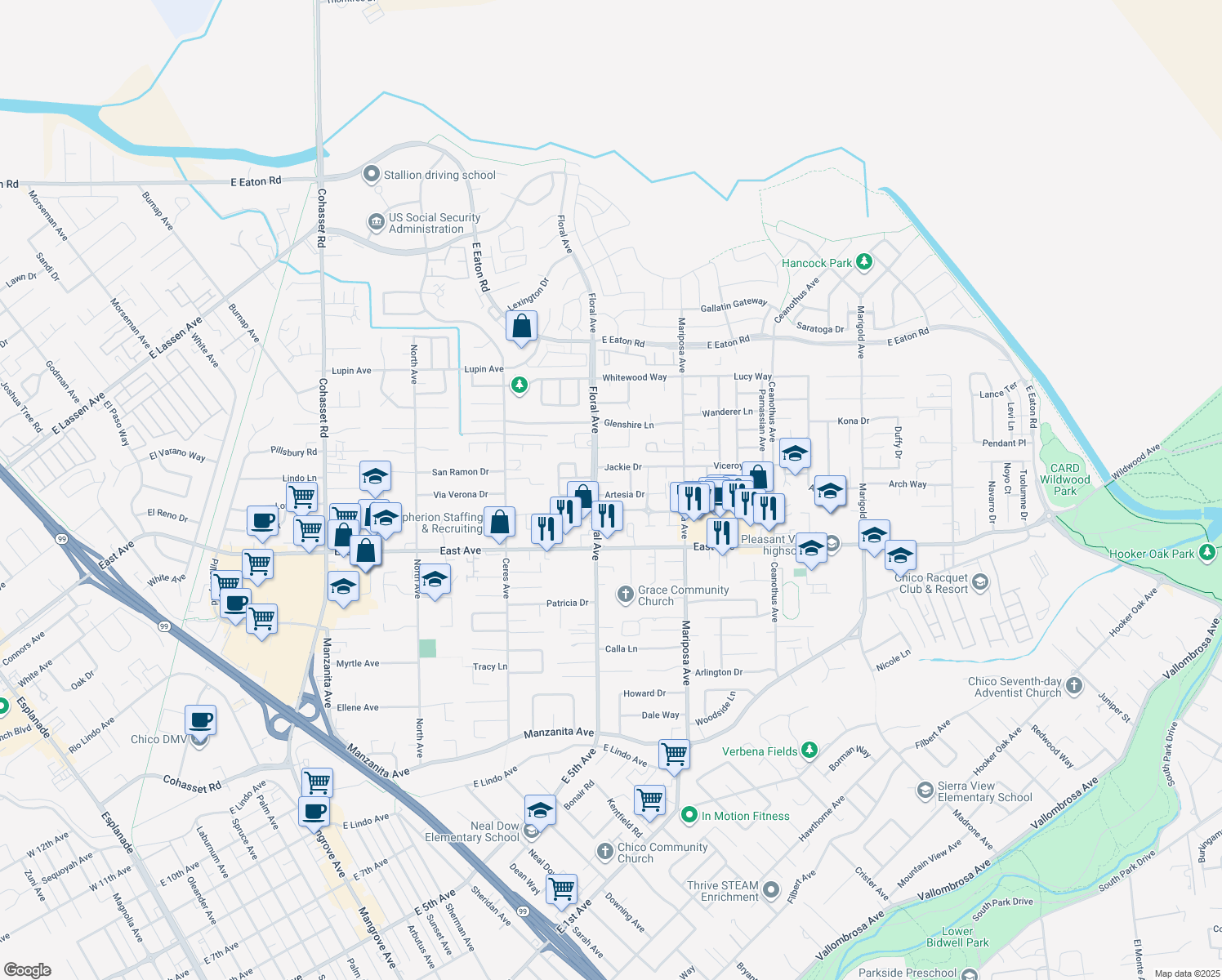 map of restaurants, bars, coffee shops, grocery stores, and more near 73 Artesia Dr in Chico