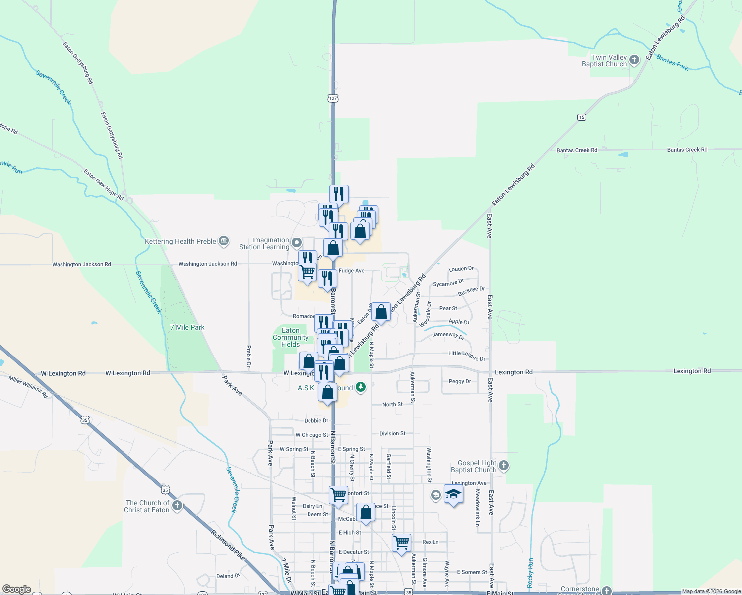 map of restaurants, bars, coffee shops, grocery stores, and more near 237 Eaton Avenue in Eaton