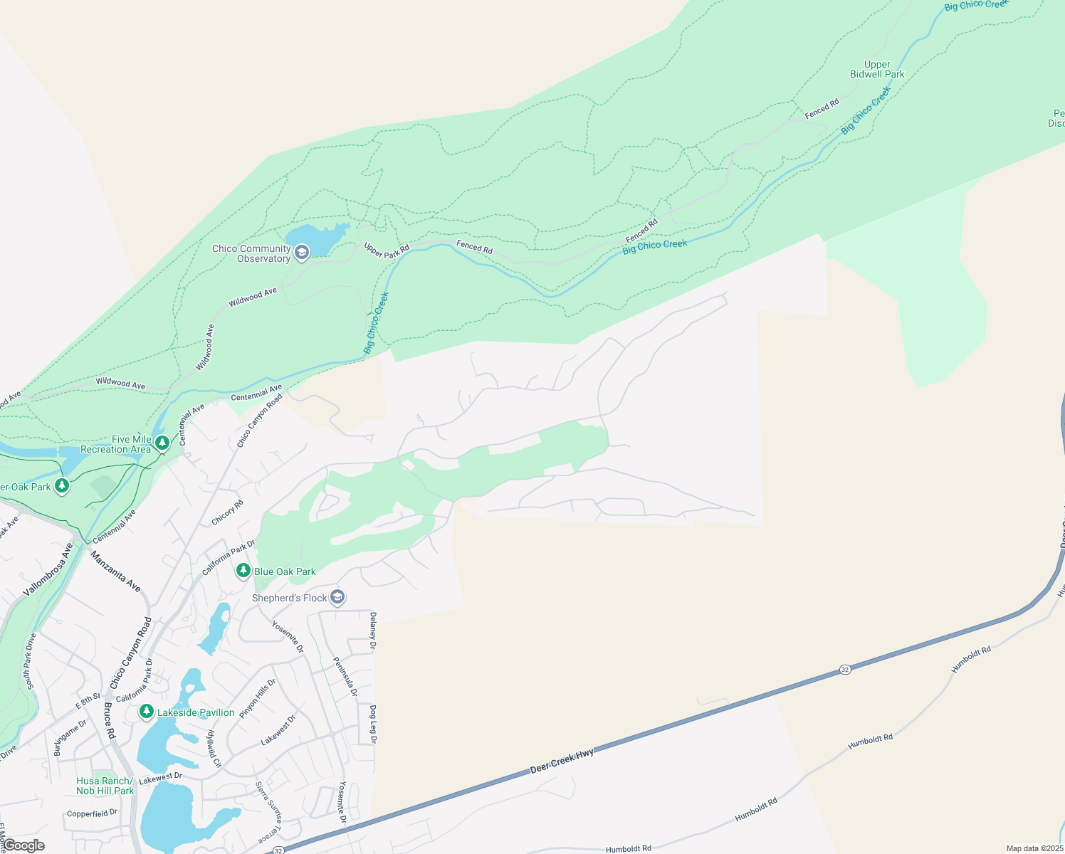 map of restaurants, bars, coffee shops, grocery stores, and more near 3386 Canyon Oaks Terrace in Chico
