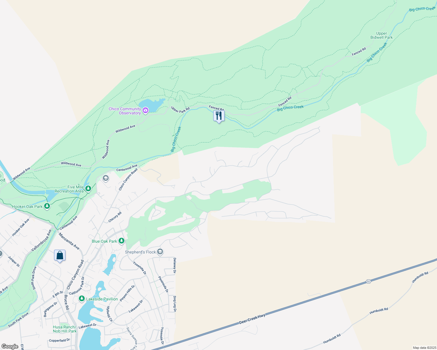 map of restaurants, bars, coffee shops, grocery stores, and more near Shadybrook Lane in Chico