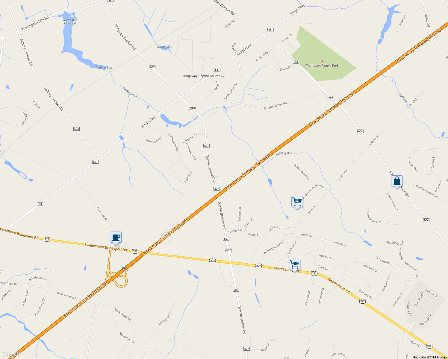 map of restaurants, bars, coffee shops, grocery stores, and more near 78 East Tomlin Station Road in Mickleton