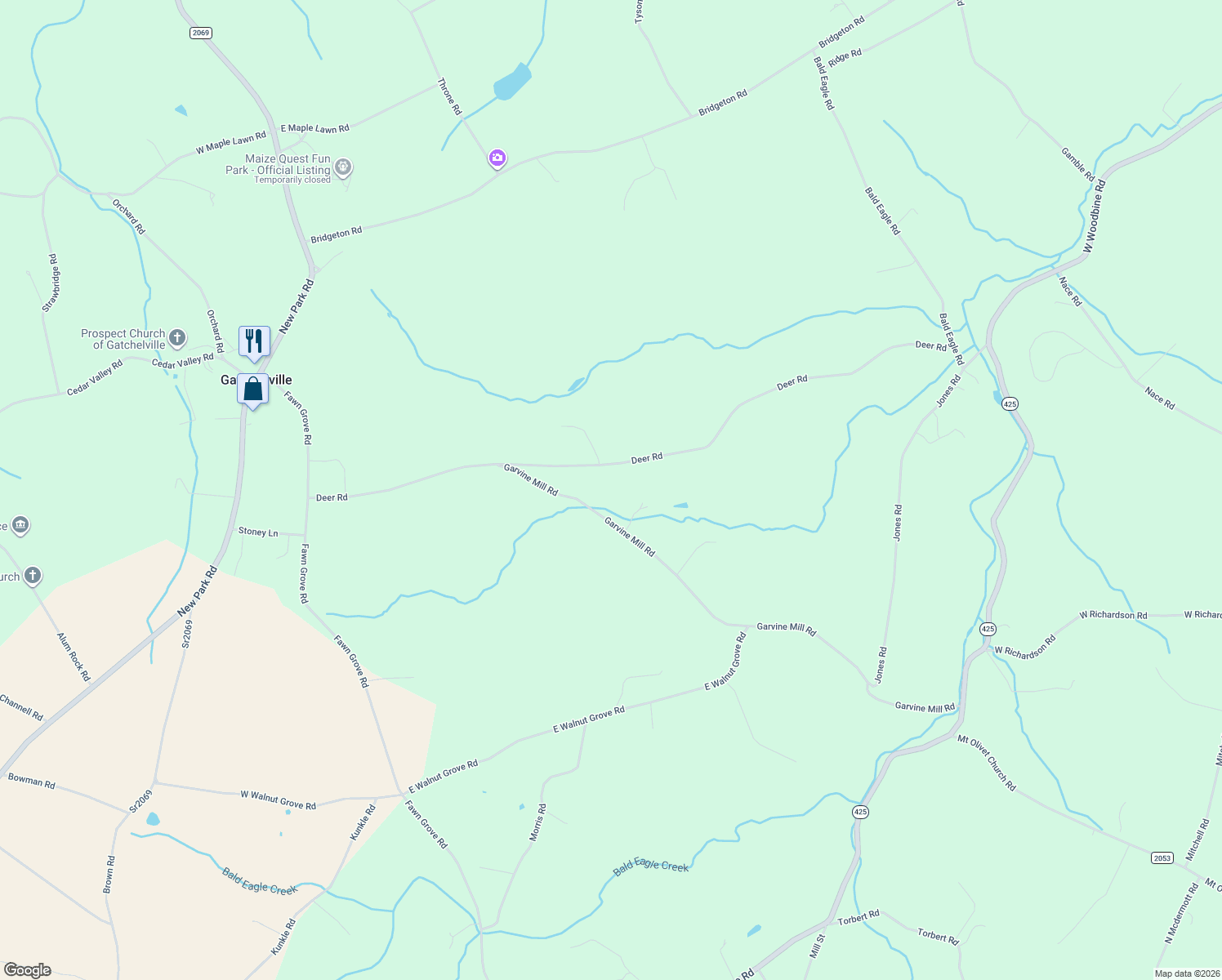 map of restaurants, bars, coffee shops, grocery stores, and more near 671 Garvine Mill Road in Fawn Grove