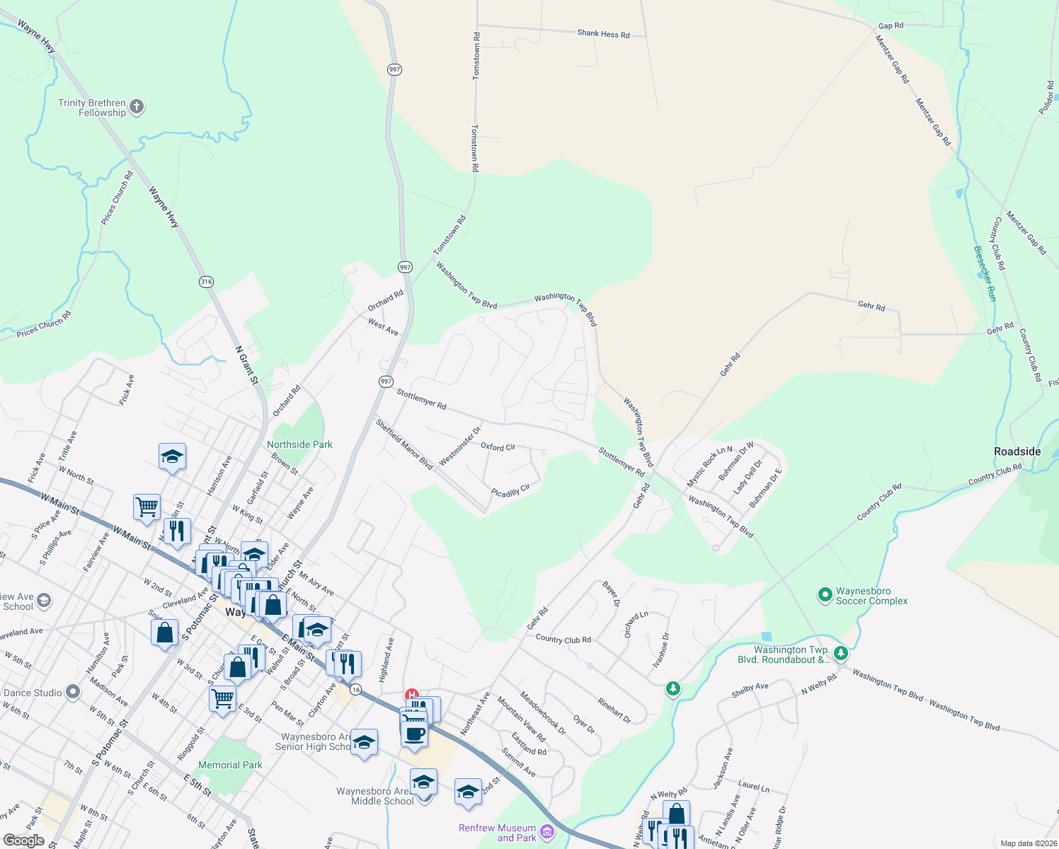 map of restaurants, bars, coffee shops, grocery stores, and more near 8669 Stottlemyer Road in Waynesboro