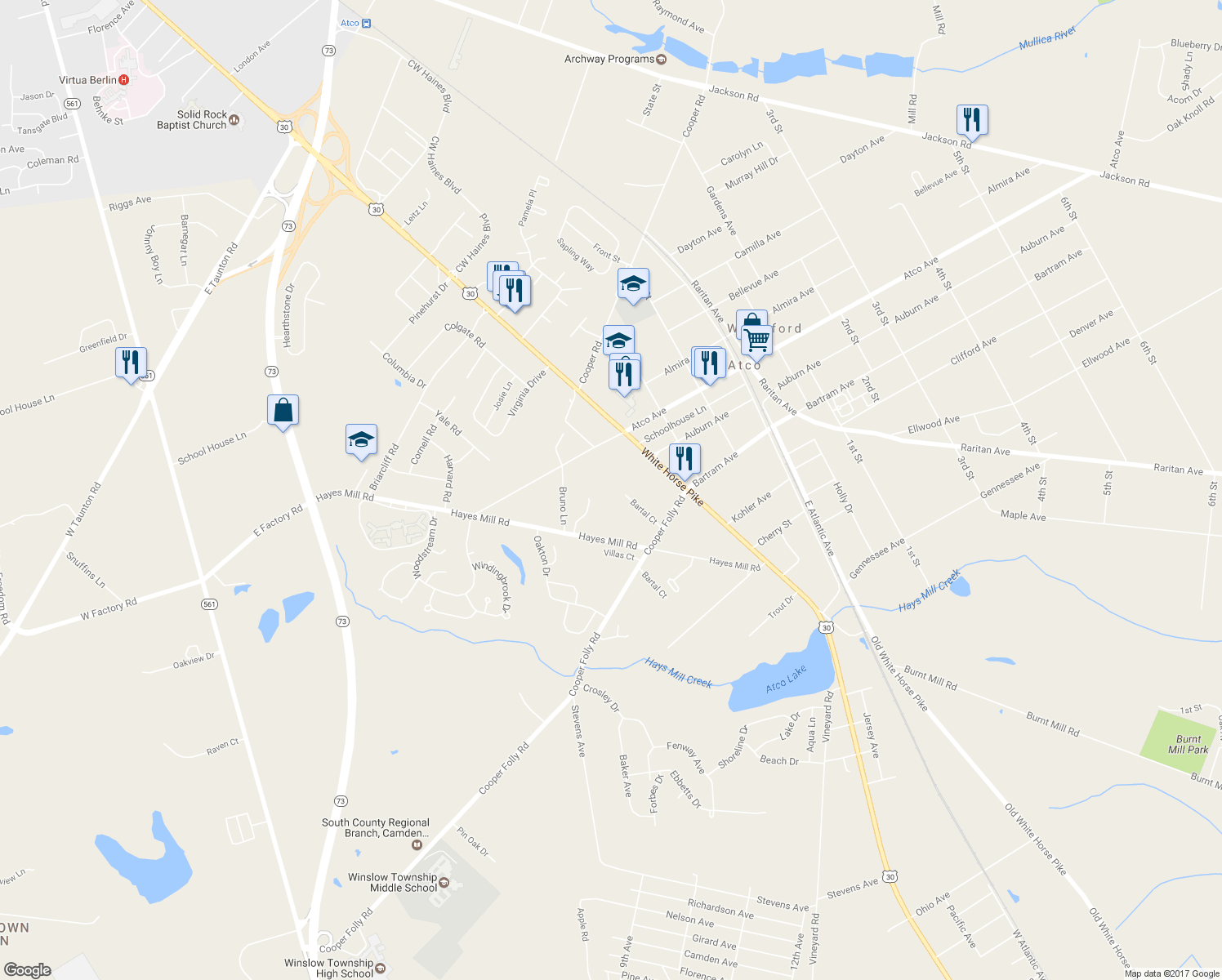 map of restaurants, bars, coffee shops, grocery stores, and more near 180 Bartal Ct in Waterford
