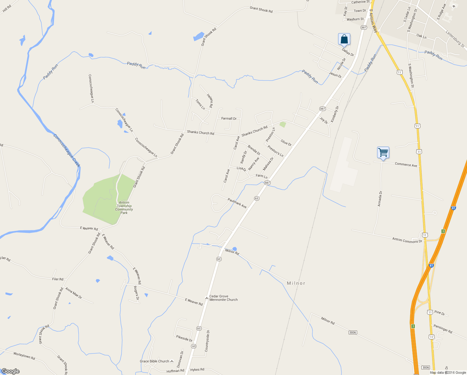 map of restaurants, bars, coffee shops, grocery stores, and more near 12487 Randy Drive in Greencastle