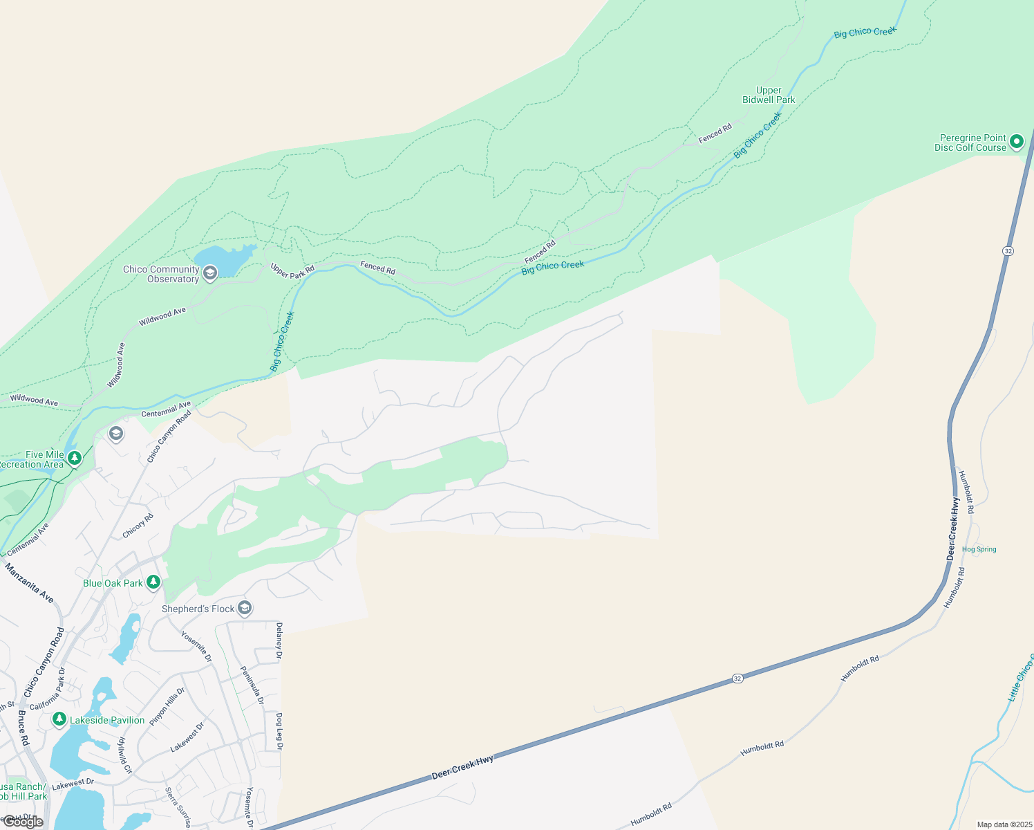 map of restaurants, bars, coffee shops, grocery stores, and more near 3452 Shadowtree Lane in Chico