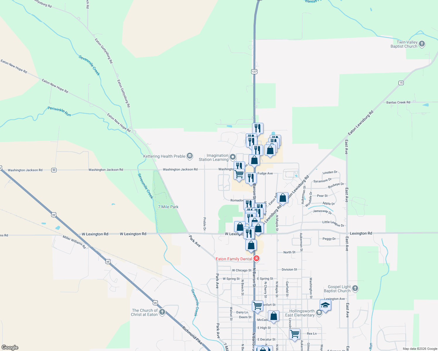 map of restaurants, bars, coffee shops, grocery stores, and more near 523 Golden Crossing in Eaton