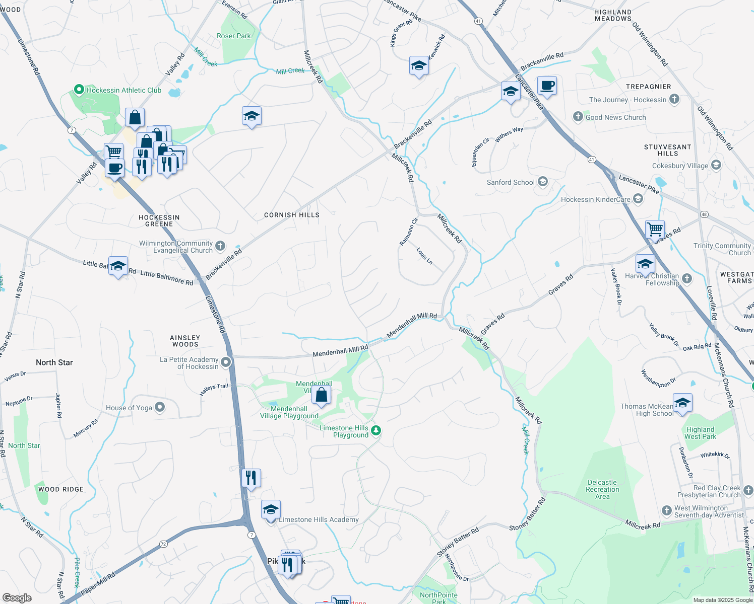map of restaurants, bars, coffee shops, grocery stores, and more near 211 Cherry Blossom Place in Hockessin