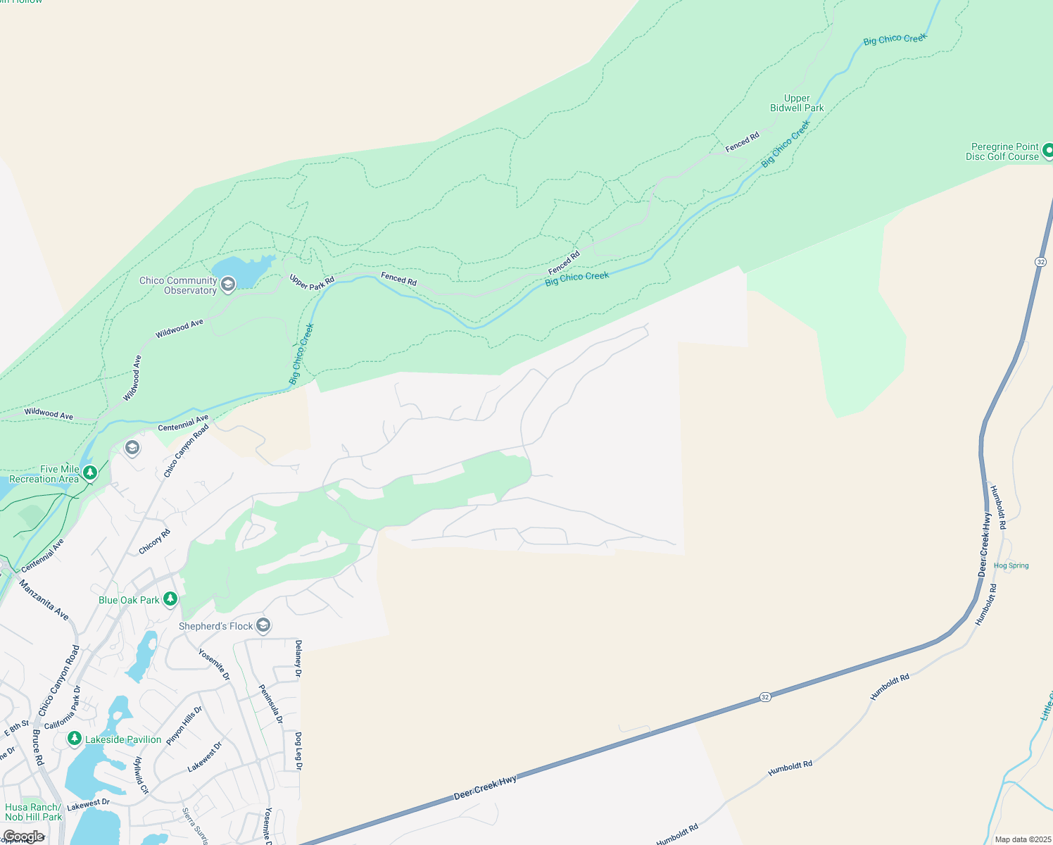 map of restaurants, bars, coffee shops, grocery stores, and more near 805 Whispering Winds Lane in Chico