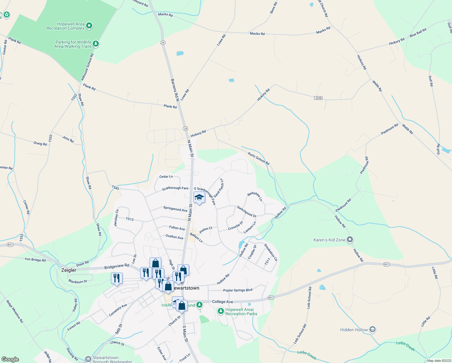 map of restaurants, bars, coffee shops, grocery stores, and more near 231 Sand Patch Lane in Stewartstown