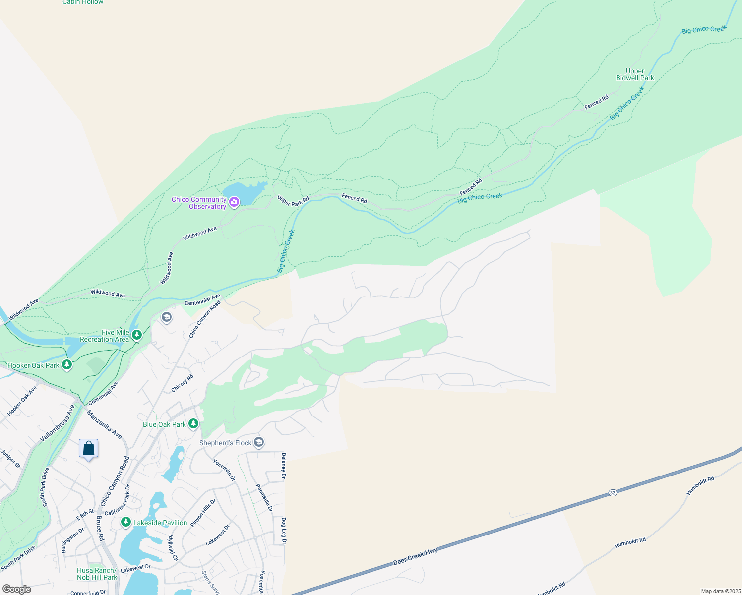 map of restaurants, bars, coffee shops, grocery stores, and more near Shadybrook Lane in Chico
