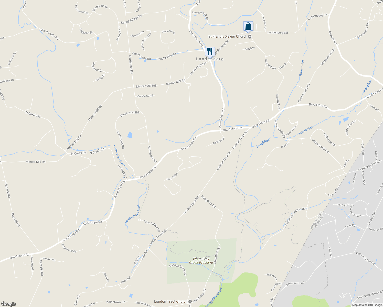 map of restaurants, bars, coffee shops, grocery stores, and more near 120 Shadestone Way in Landenberg