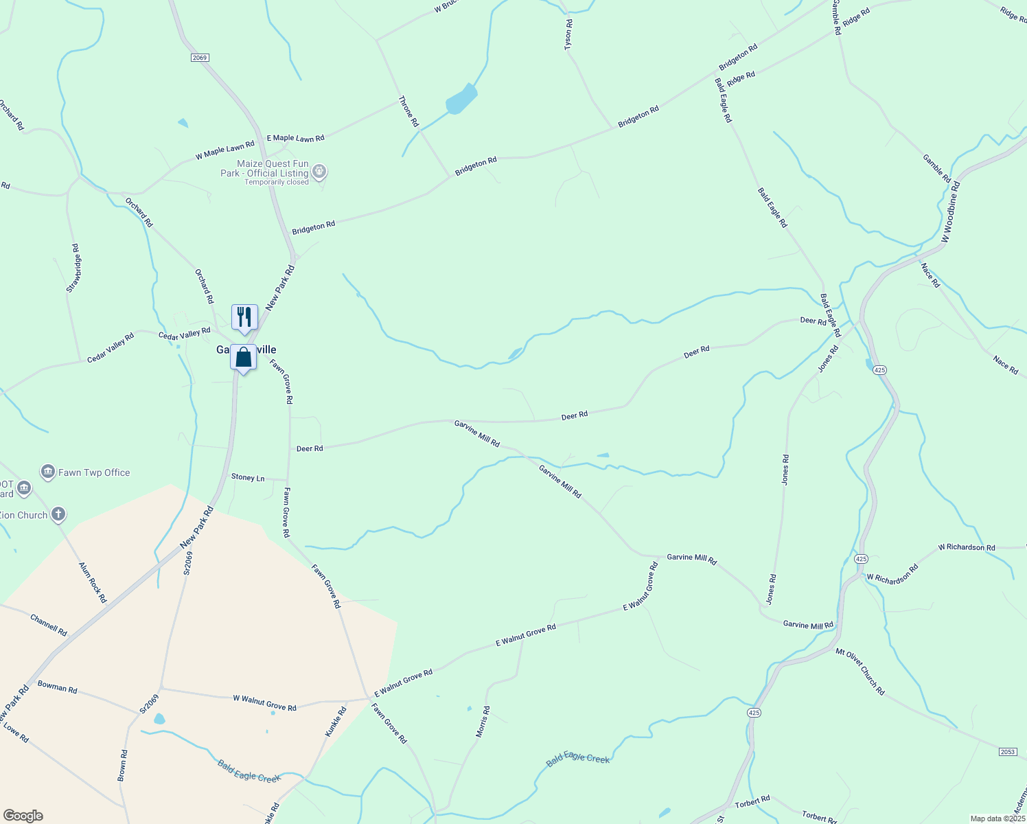 map of restaurants, bars, coffee shops, grocery stores, and more near 405 Deer Road in Fawn Grove