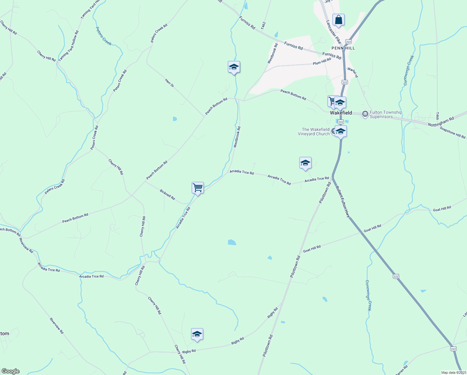 map of restaurants, bars, coffee shops, grocery stores, and more near 190 Arcadia Trce in Peach Bottom