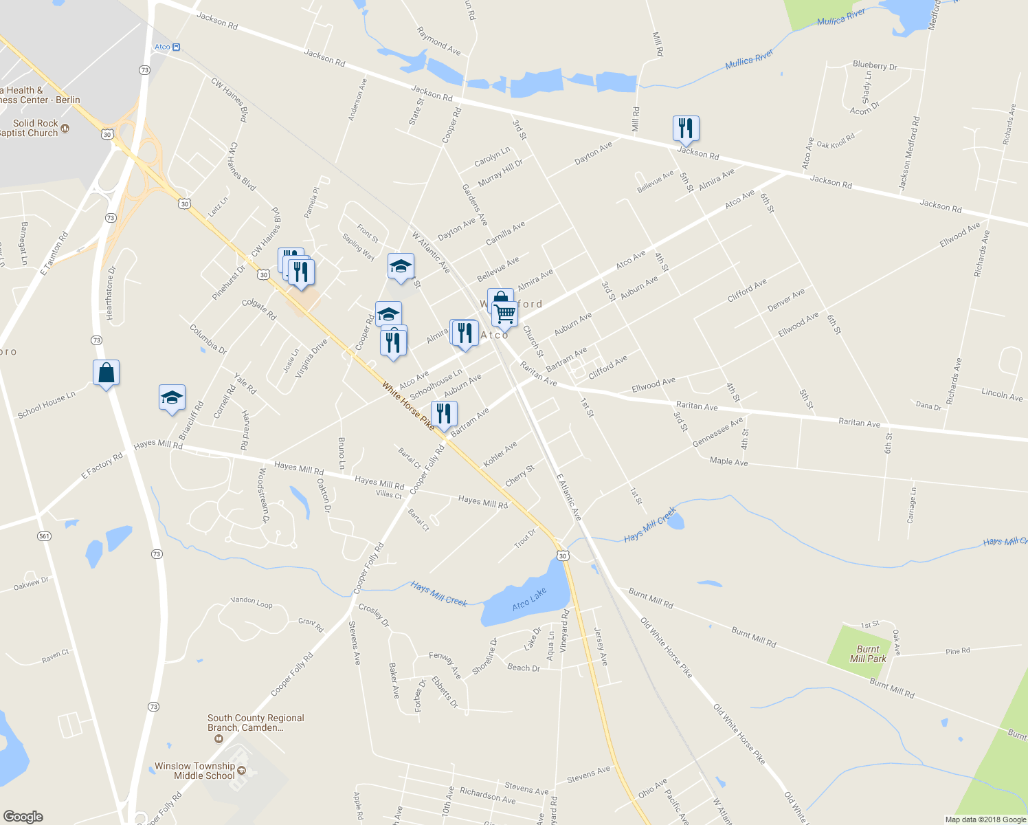 map of restaurants, bars, coffee shops, grocery stores, and more near 467 W Atlantic Ave in Waterford
