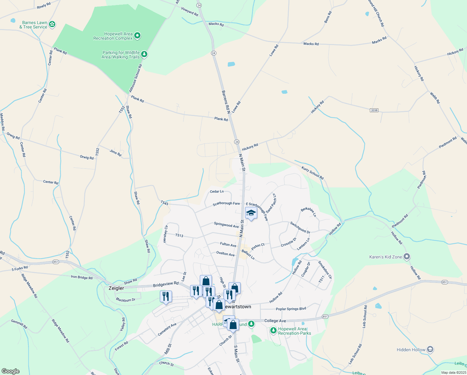 map of restaurants, bars, coffee shops, grocery stores, and more near 11 Cedar Ln in Stewartstown