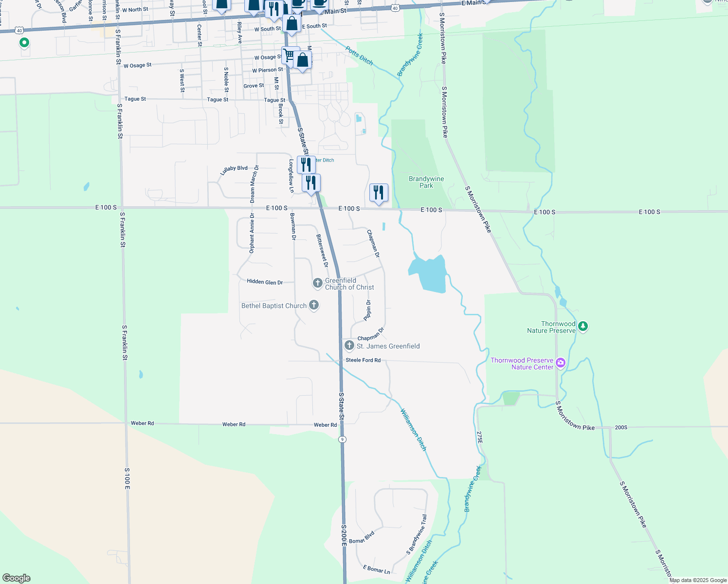 map of restaurants, bars, coffee shops, grocery stores, and more near 1510 Pippin Dr in Greenfield