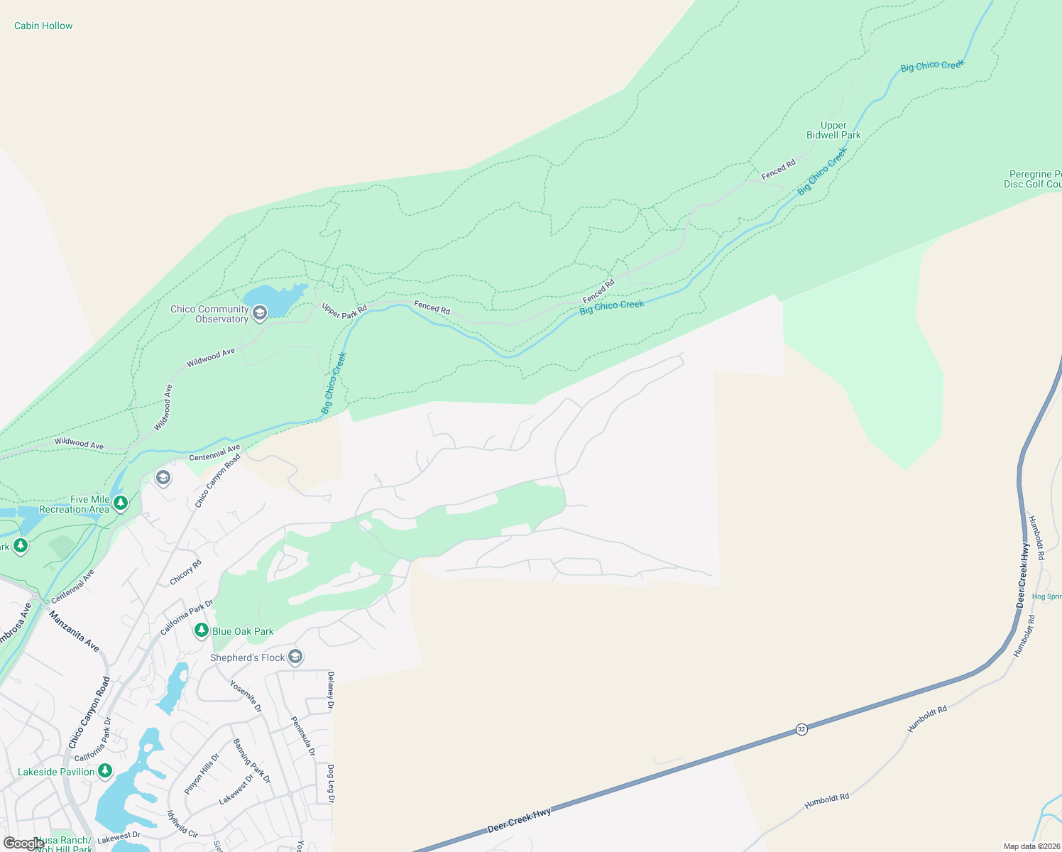 map of restaurants, bars, coffee shops, grocery stores, and more near 3320 Shadybrook Lane in Chico