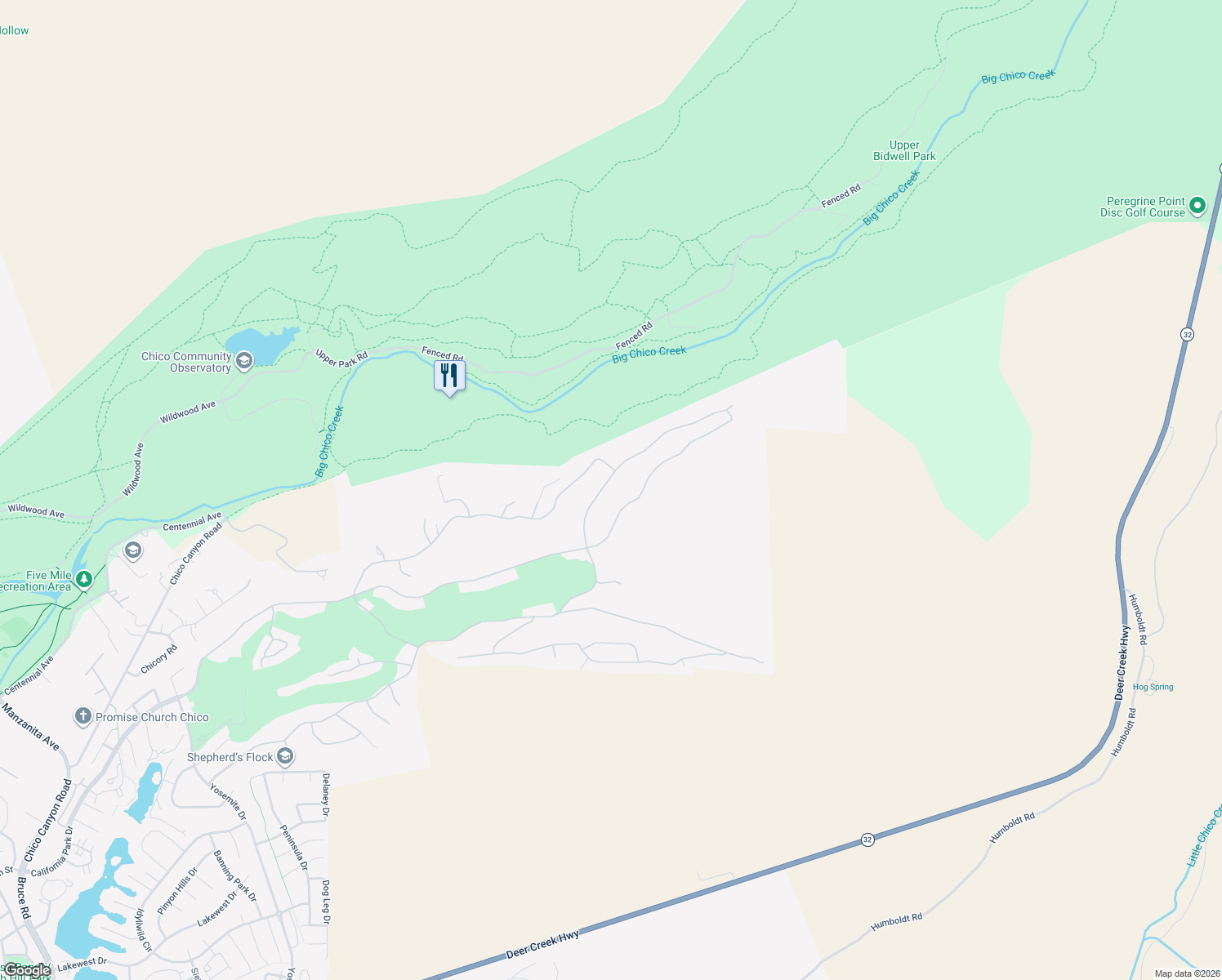 map of restaurants, bars, coffee shops, grocery stores, and more near 821 Whispering Winds Lane in Chico