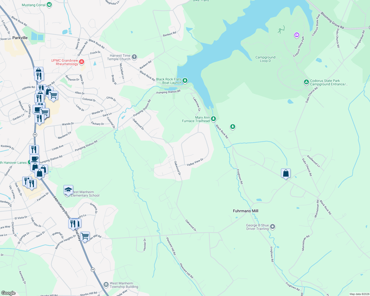 map of restaurants, bars, coffee shops, grocery stores, and more near 386 Valley View Dr in Hanover