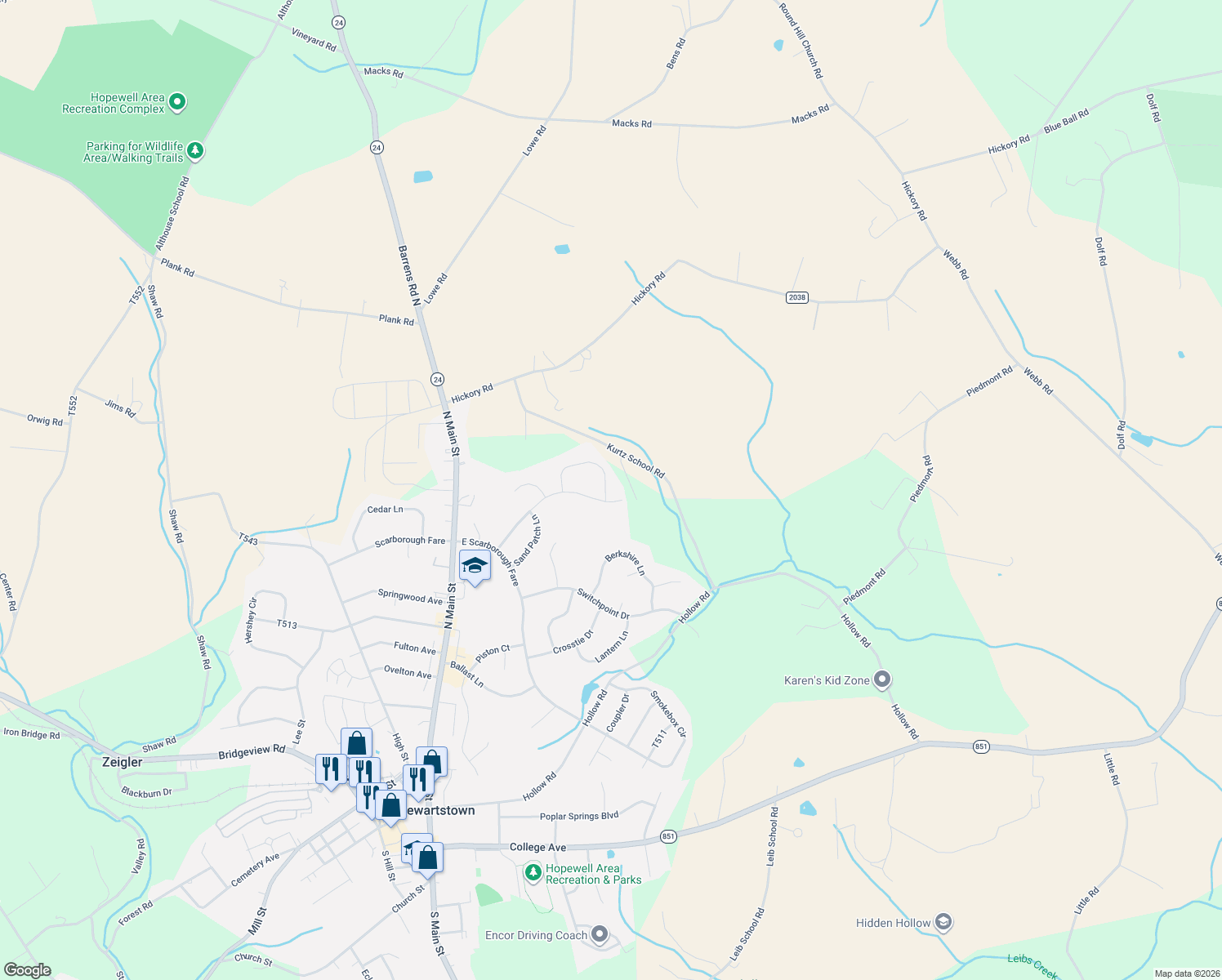 map of restaurants, bars, coffee shops, grocery stores, and more near 282 Runningboard Rd in Stewartstown