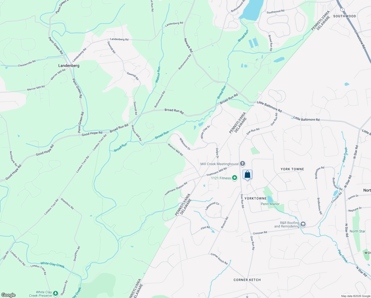 map of restaurants, bars, coffee shops, grocery stores, and more near 21 Wilkinson Drive in Landenberg
