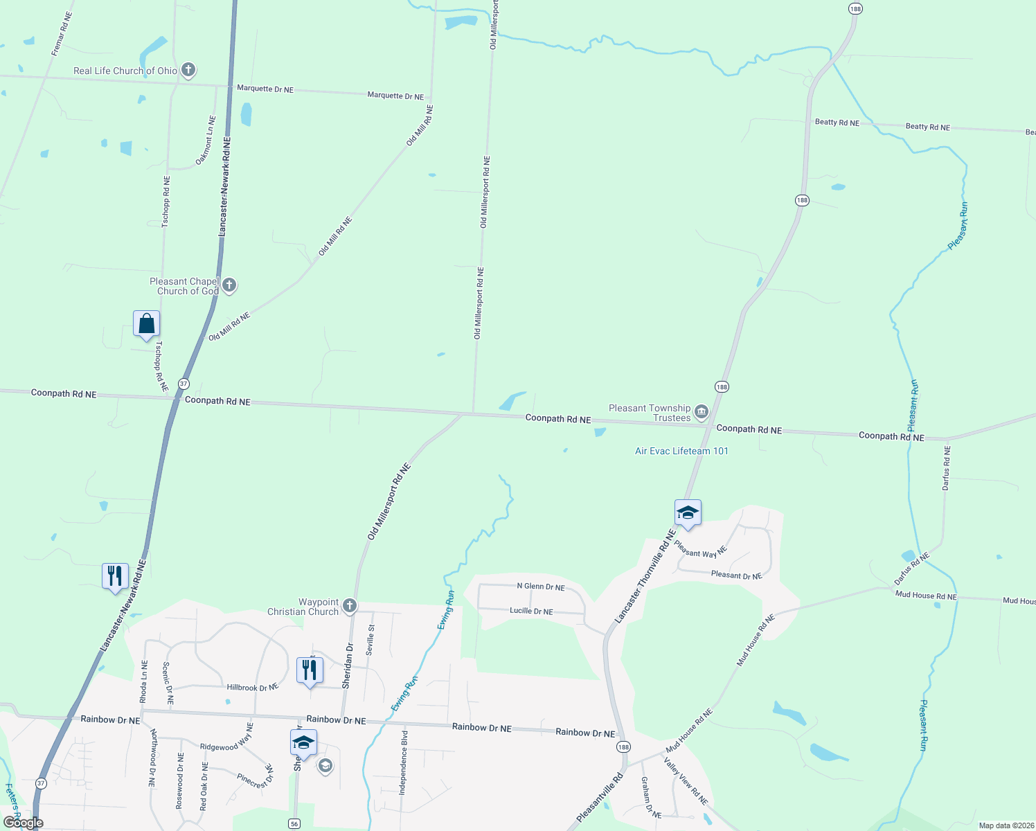 map of restaurants, bars, coffee shops, grocery stores, and more near 6904 Coonpath Rd NE in Lancaster
