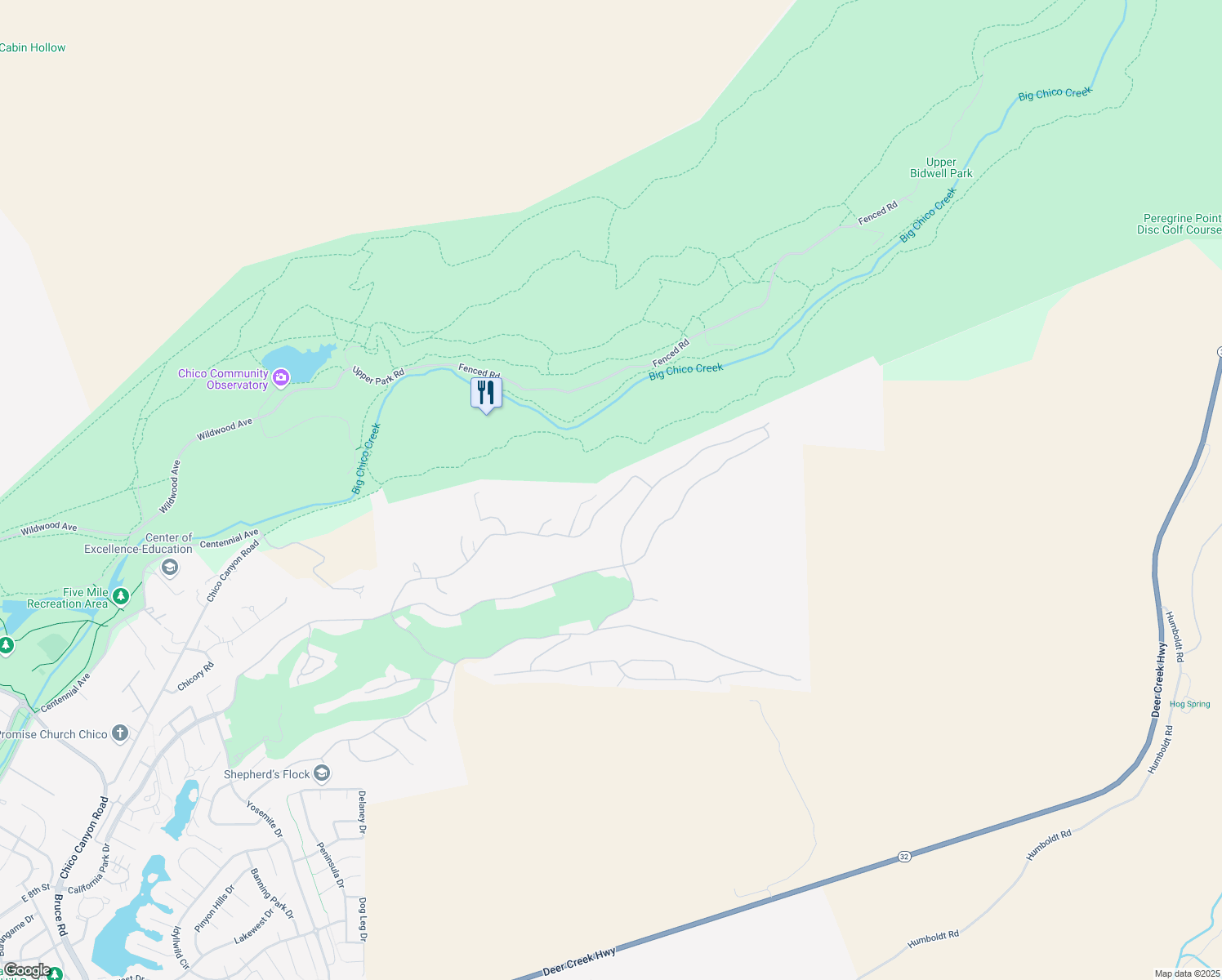 map of restaurants, bars, coffee shops, grocery stores, and more near 3320 Shadybrook Lane in Chico