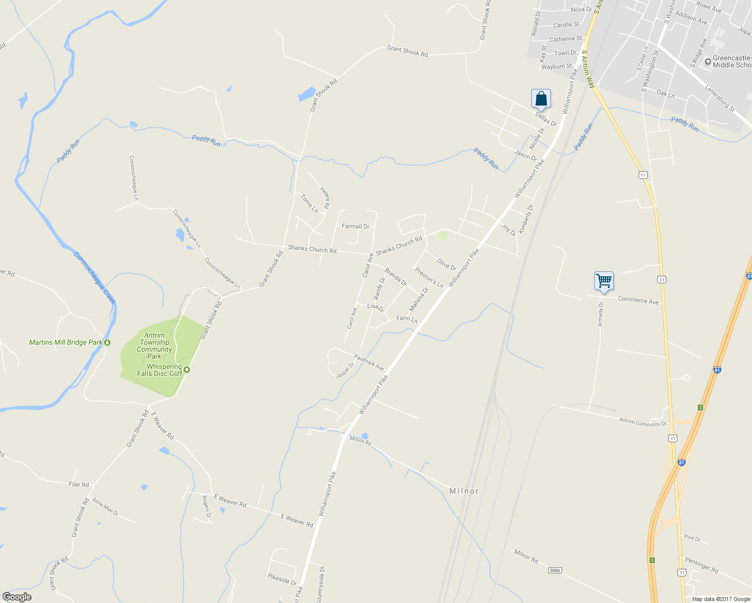 map of restaurants, bars, coffee shops, grocery stores, and more near 12356 Randy Drive in Greencastle