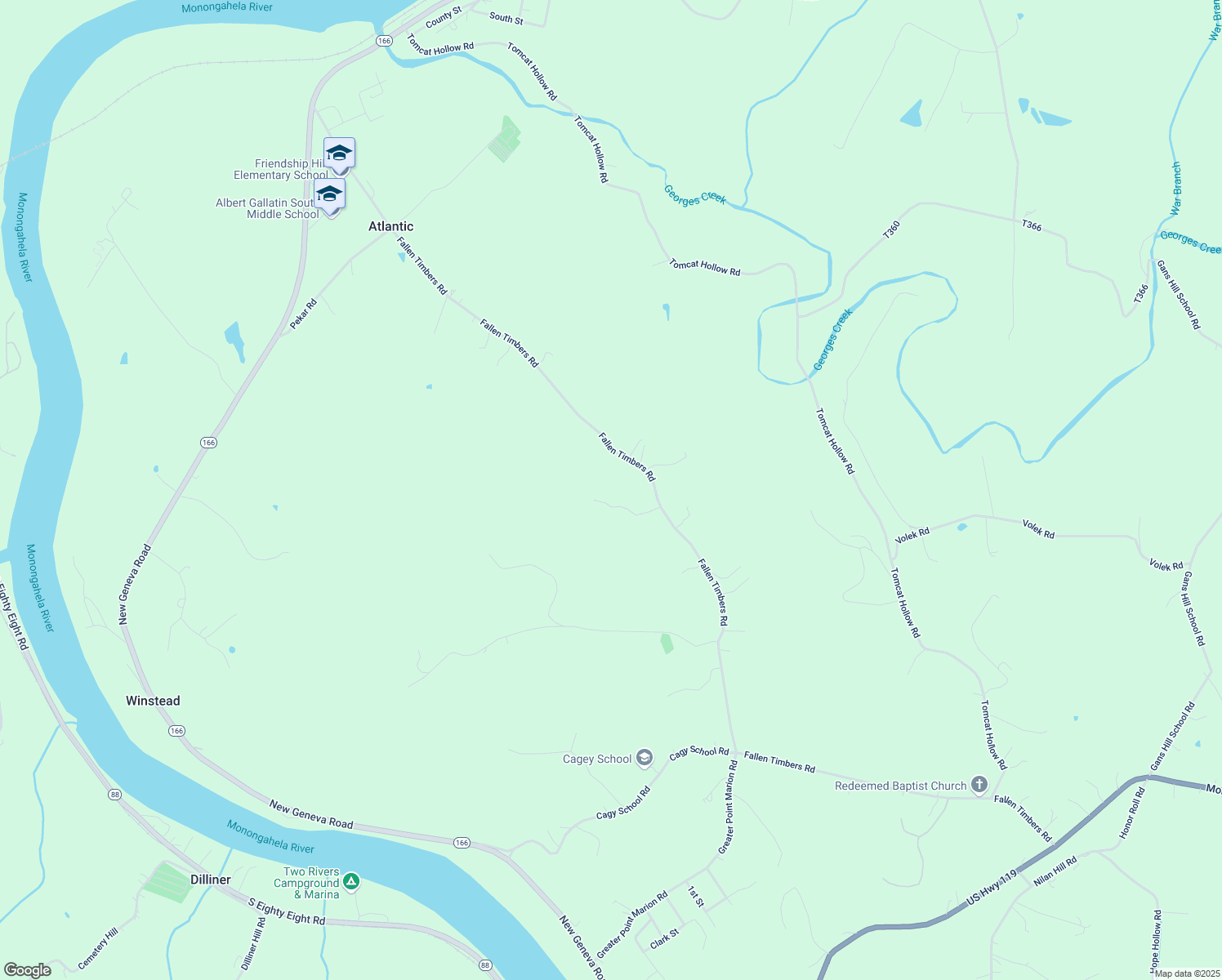 map of restaurants, bars, coffee shops, grocery stores, and more near 457 Fallen Timbers Road in Point Marion