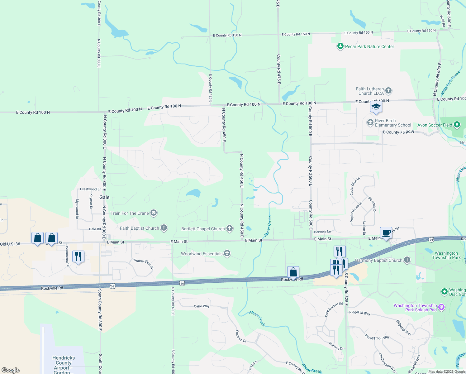 map of restaurants, bars, coffee shops, grocery stores, and more near 328 North County Road 450 East in Avon